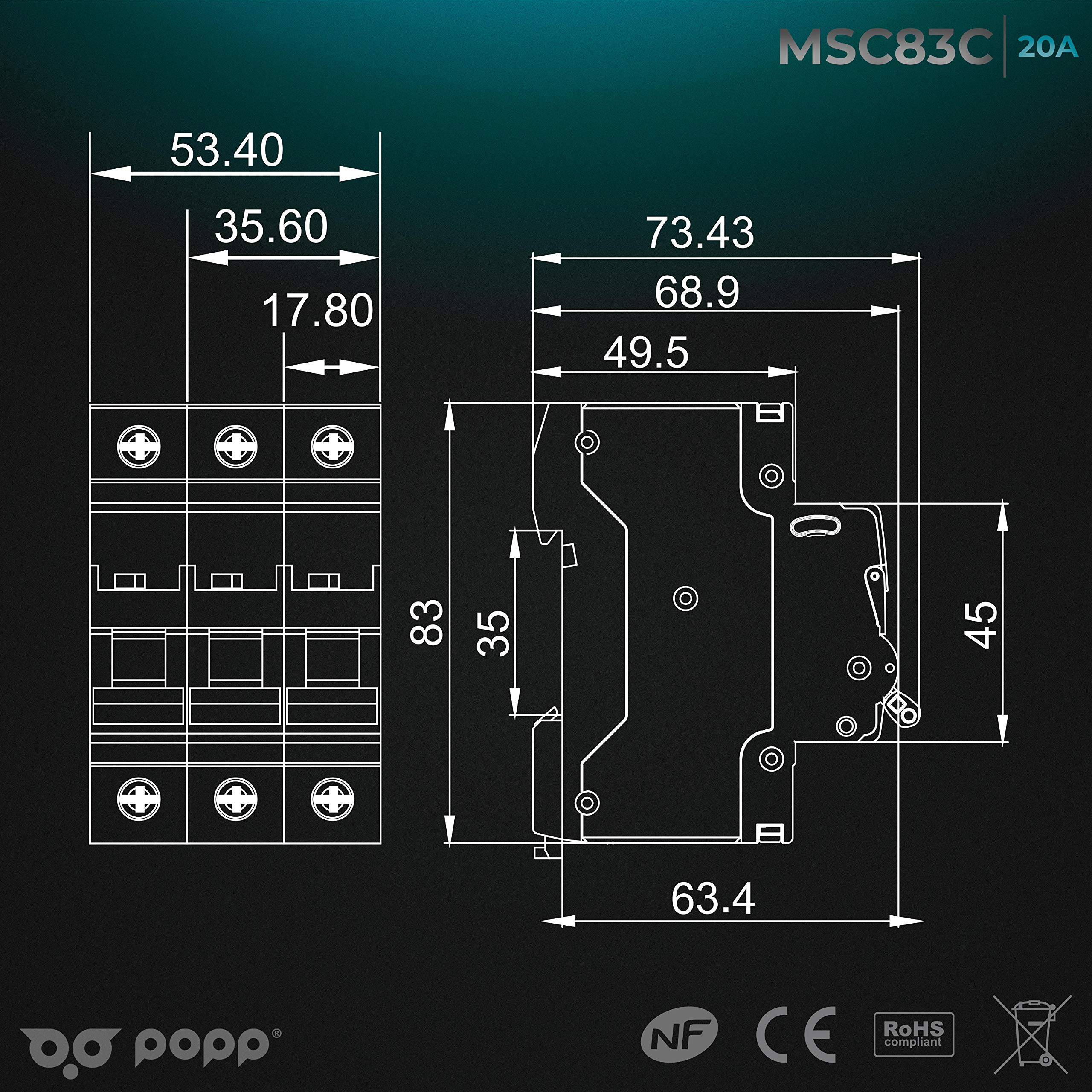 POPP® Electric Interruptor Automático Magnetotérmico 3 Polo serie MSC83 gama Industrial CURVA C corte 6000A 6A,10A,16A,20A,25A,32A,40A,63A Pack 4,8 (Pack 8 unidad, 20A)