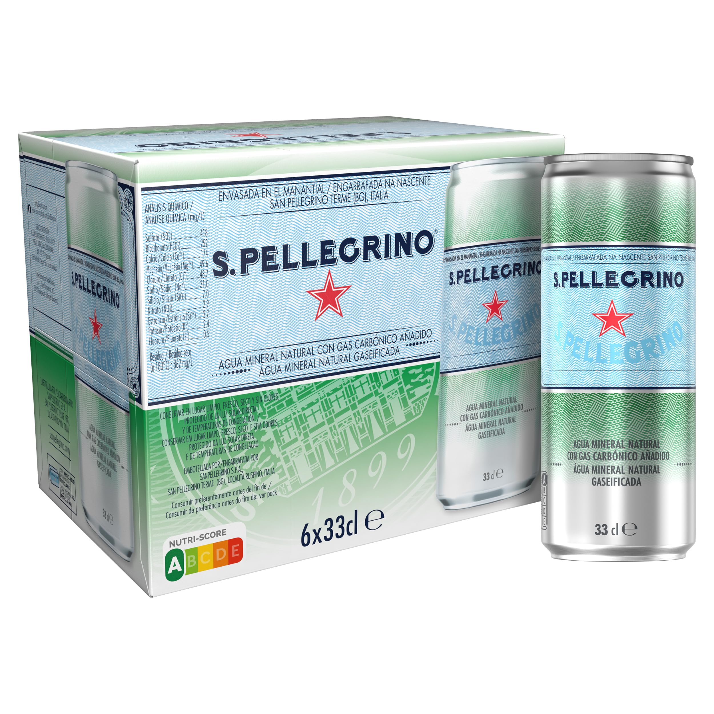 San Pellegrino Eau minérale naturelle avec gaz, 6 x 33 cl