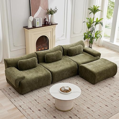 117”L Shaped Modern Sofa Modular Sectional Cloud Couch with Ottoman,Oversized Boneless Sofa,3+1 Seater Chenille Deep-Seat Sofa with 3 Pillows,Suitable for Living Room or Bedroom(Green)
