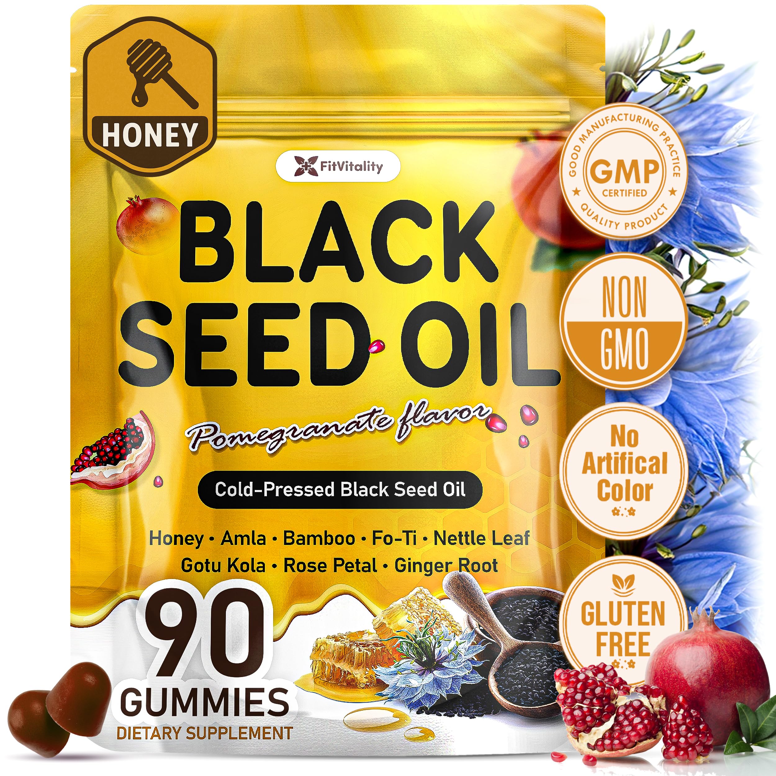500 mg Black Seed Oil Gummies, w/ Amla, Bamboo, Fo-Ti, Nettle, Gotu Kola Peach Mango 1 Count (Pack of 90)