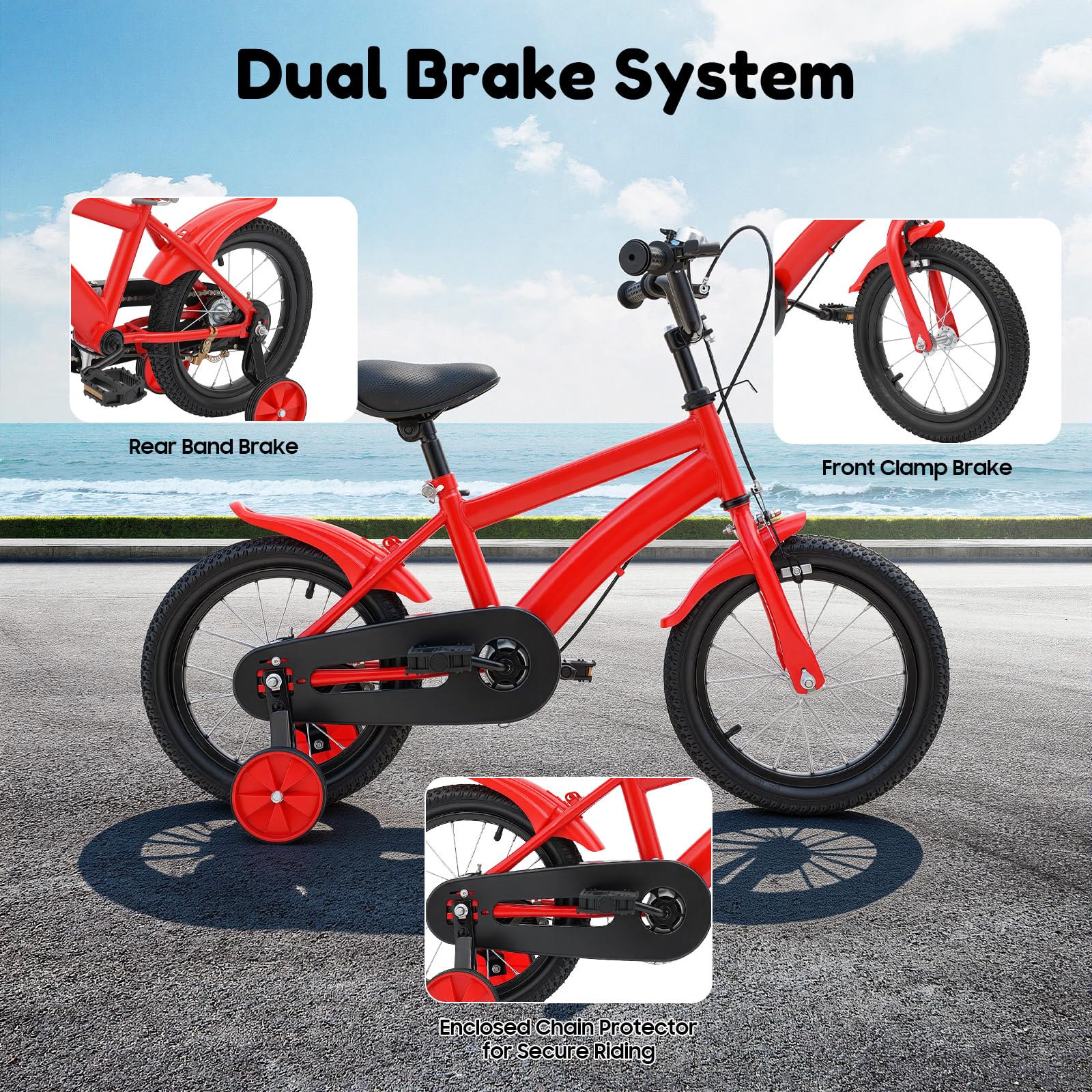 Vélo pour enfant de 14 pouces, avec roues stabilisatrices et double système de freinage, selle réglable, convient aux enfants à partir de 3 ans qui apprennent le cyclisme, le cyclisme en plein