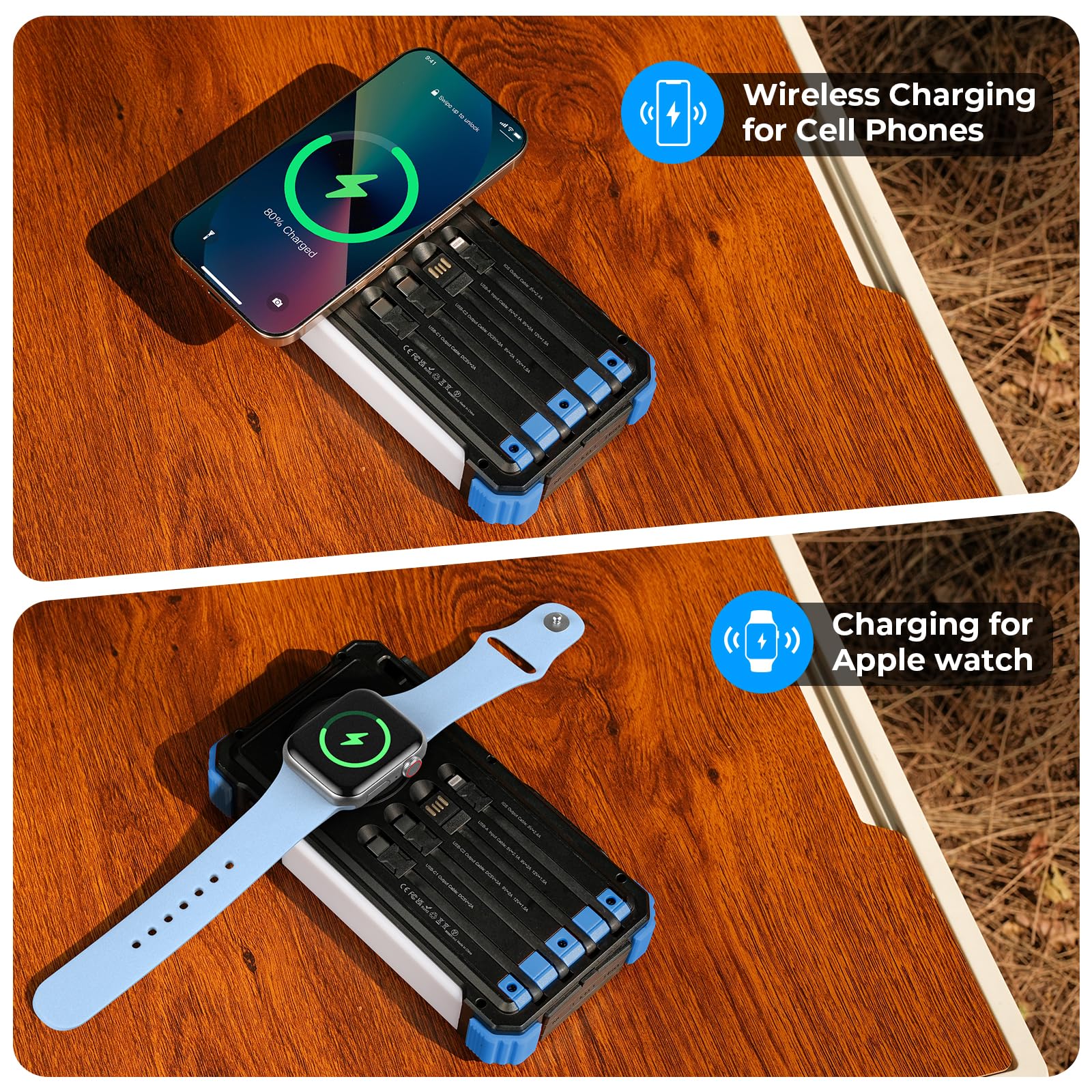 BLAVOR Solar Power Bank 20000mAh mit Kable, 20W Schnellladung Solar Ladegerät USB C Externer Akku Portable Charger mit Taschenlampen und Karabiner für alle Handy, Wireless Ladegerät für Apple Watch