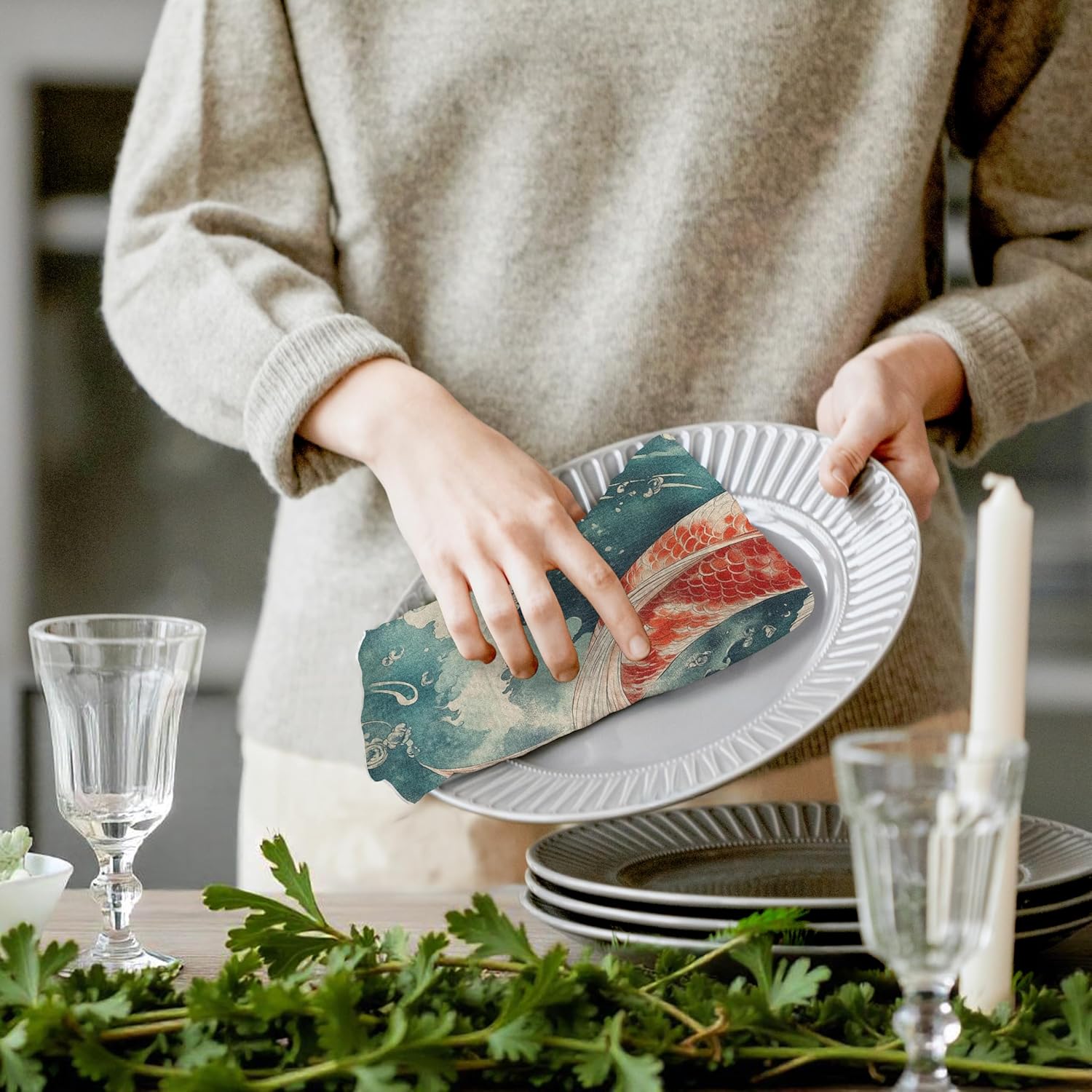 Vintage Japanese Red Koi Fish Kitchen Towels Set of 2, Traditional Asian Red Koi Dish Tea Towels for Kitchen Decor, Nautical Animal Fish Hand Towels for Bathroom Decor, 16x24 Inch - Image 6