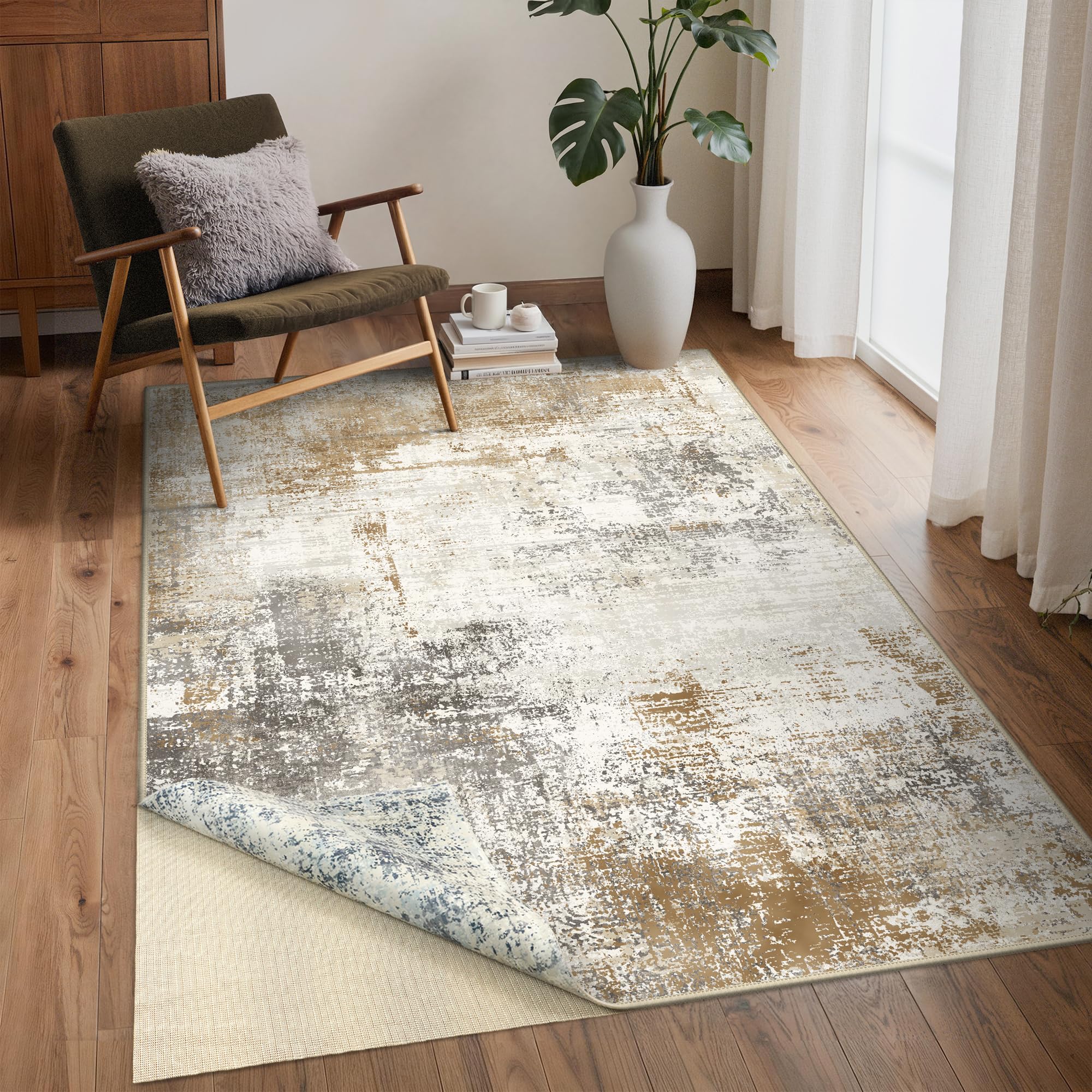 Tapis moderne double face 120x170 cm BEIMO bleu et or abstrait avec antidérapant