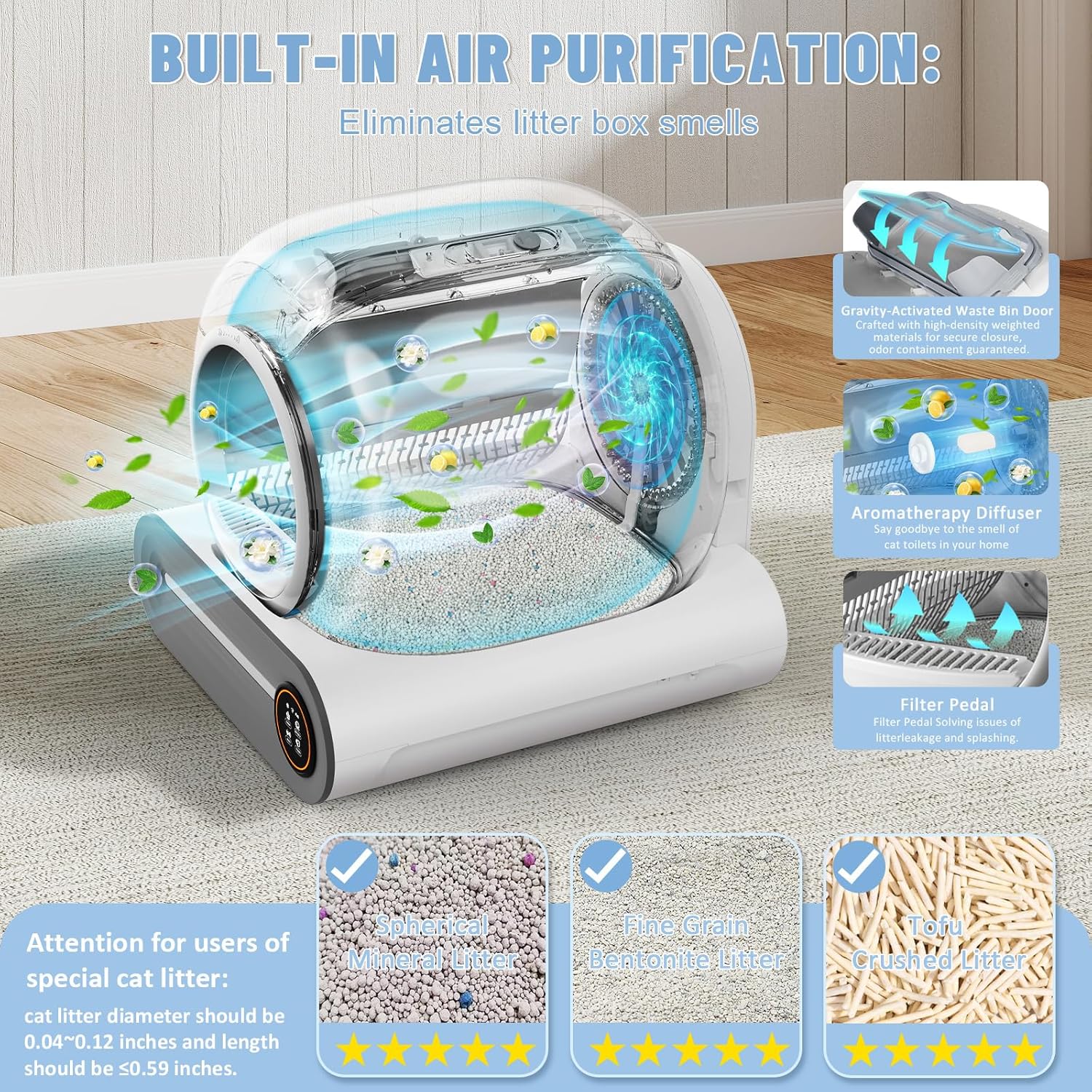 SUW Self Cleaning Litter Box, Automatic Cat Litter Box for Multiple Cats, 65L+9L Robot, 3 Rolls Grabage Bags Liner, 1 Odor Eliminator, Negative ion Deodorization, APP Control, Toilet Monitorin, White