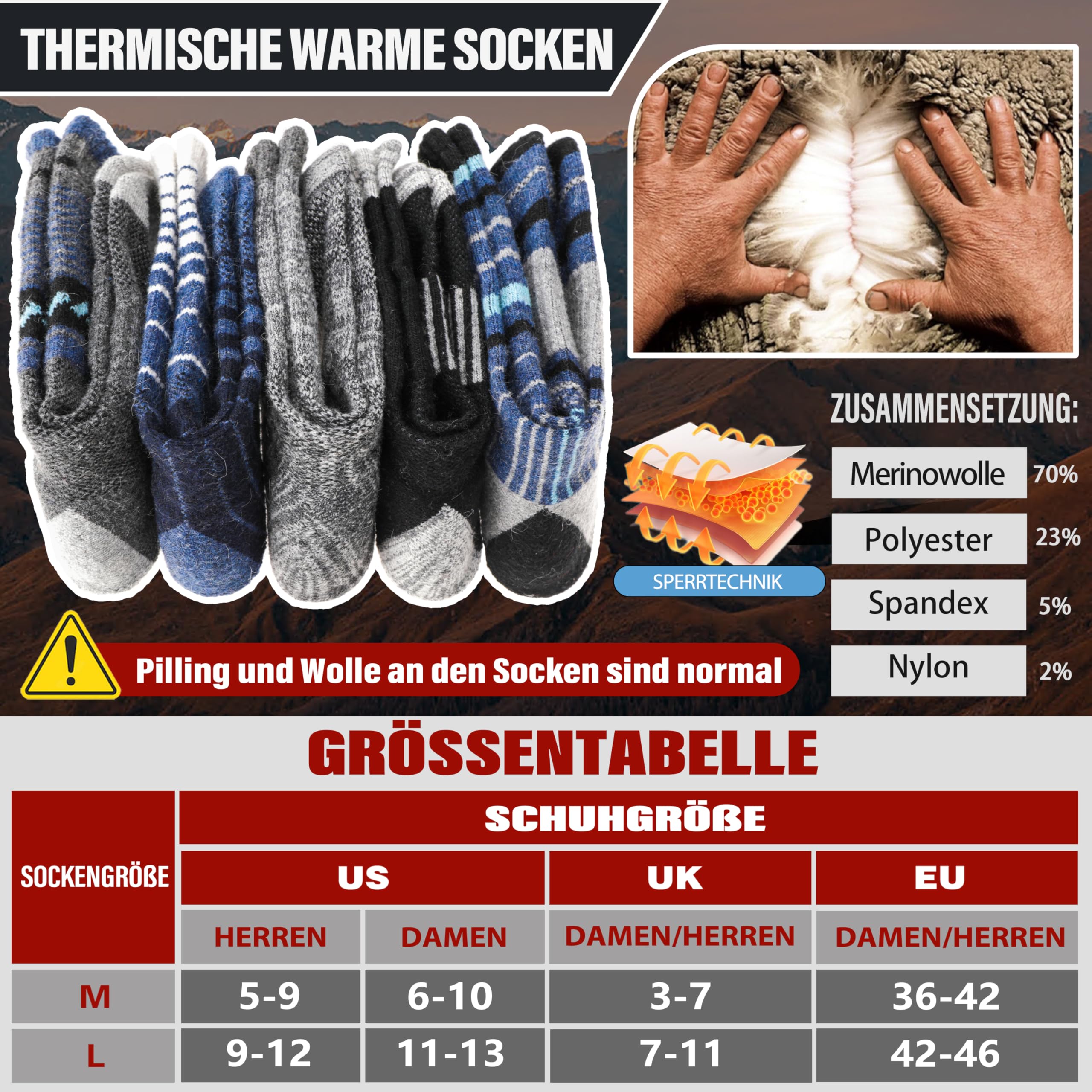 Welwoos 5 Paar Merino Wandersocken, Warme Thermosocken, Outdoor Merinowolle Socken, Dicke Trekking Sportsocken für Herren Damen