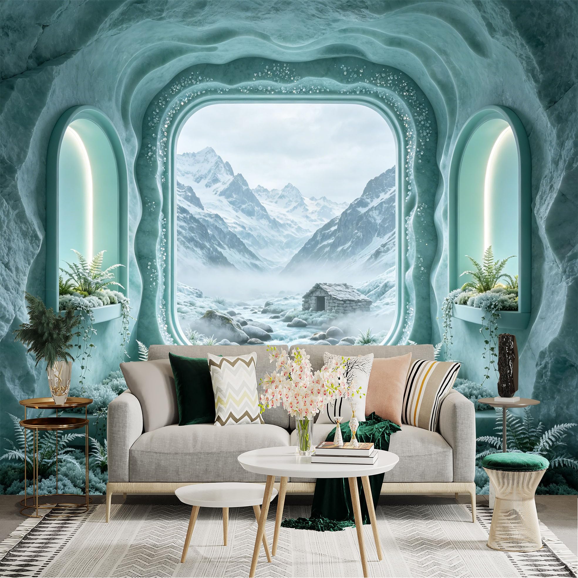 Custom Size Wall Sticker Mural， Frosty Mountain Landscape with Cabin， Ice Cave and Fern Plants， for wall Decoration， peelandstick wall Decals.