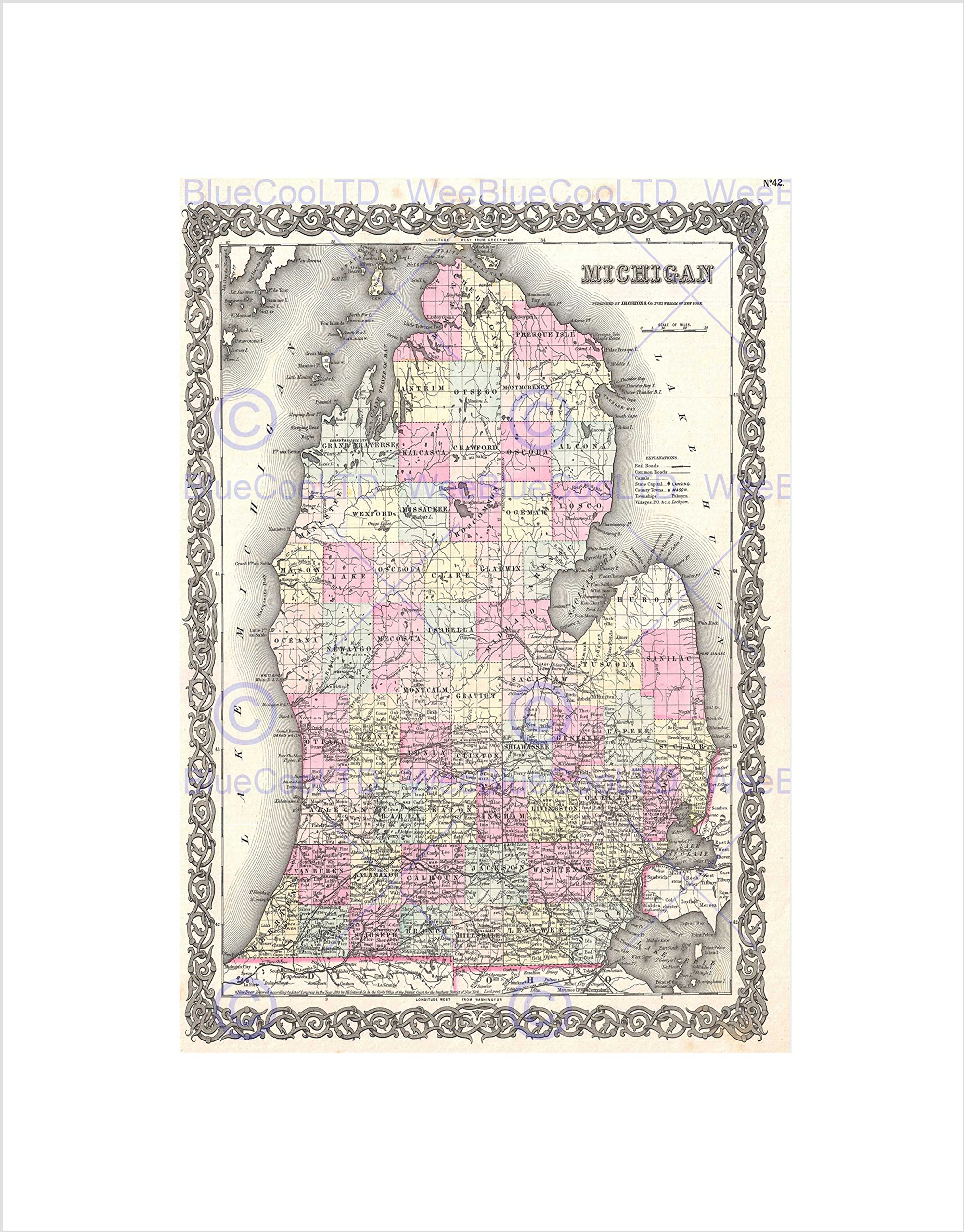 Wee Blue Coo 1855 Colton Map Michigan Vintage Art Picture Wall Art Print