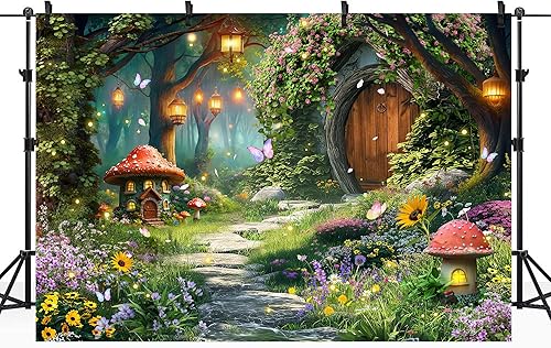 Miniatura 6 de Riyidecor Telón de fondo de bosque encantado Tela de poliéster Greenery Wonderland Tale Hongo Mariposa Bosque Planta 5 W* 7H Pies Fantasía Dreamland