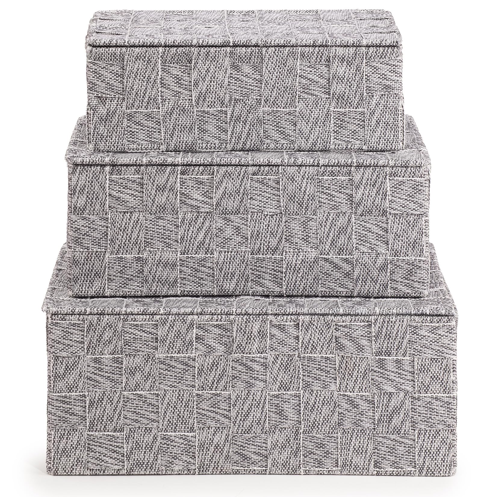 Ehc Set Of 3 Lidded Basket - Grey Set Of 3 Woven Nestable Storage Box With Lid, Lightweight Woven Basket For Shelves, Lidded Organiser Hamper Baskets - Grey