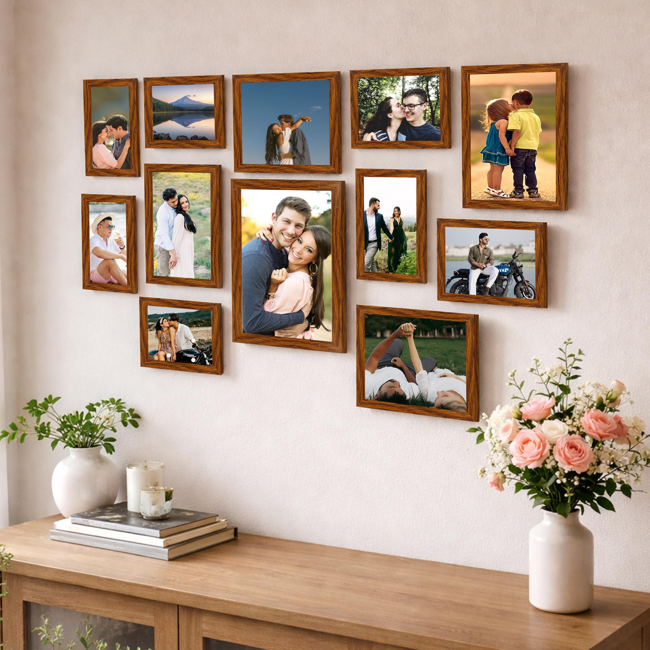 Family Photo Frame Set of 12 for Wall Decor, Wooden Finish Collage Picture Frames for Living Room, Bedroom, Multi-Size Wall Hanging Gallery Frame Set, (7 Set 4x6, 4 Set 6x8, 1 Set 8x10 Inch)-image-0