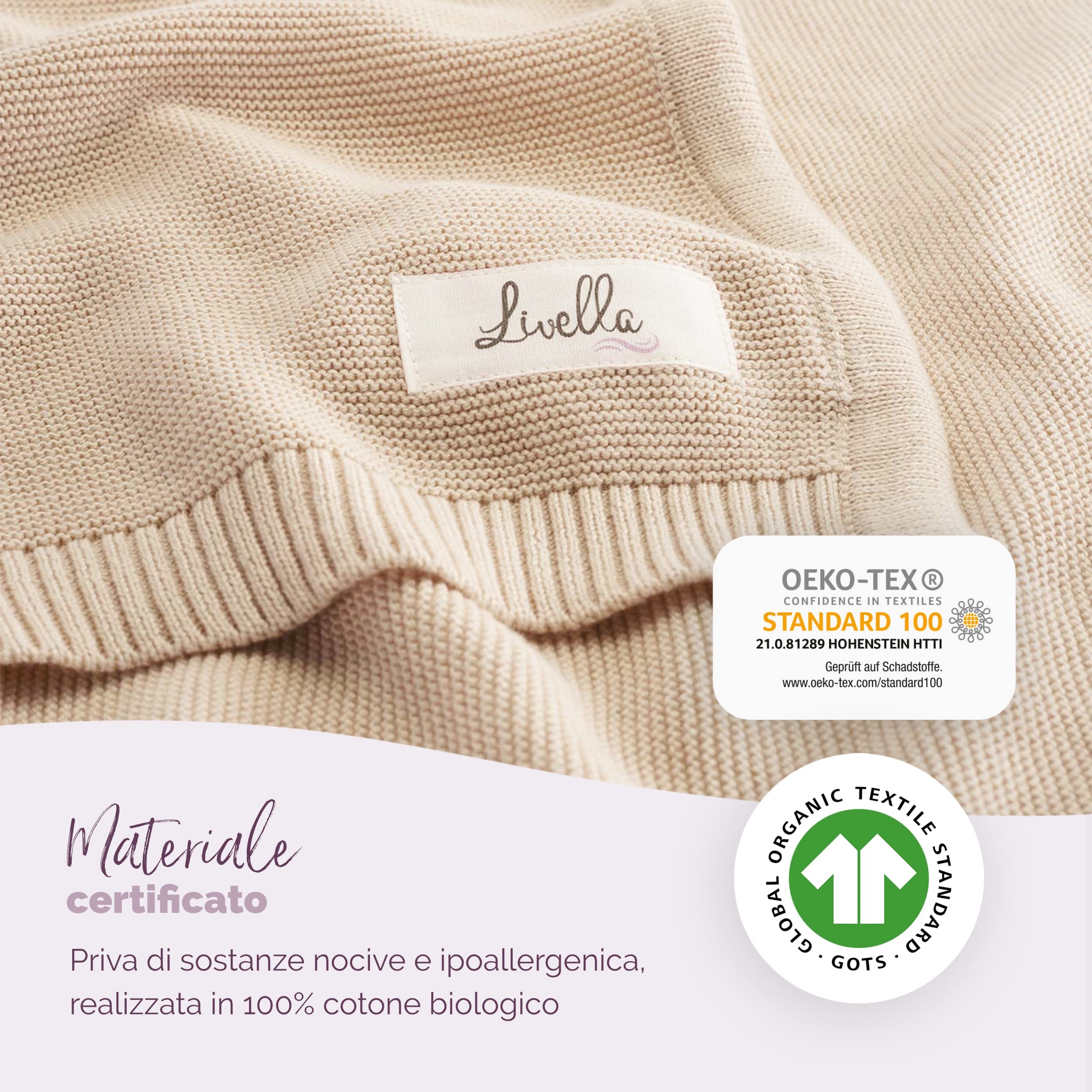 Livella Coperta per neonato e bambino cotone 100% biologico, coperta premium lavorata a maglia morbida e traspirante, ideale per la pelle delicata del bambino, OekoTEX Standard 100