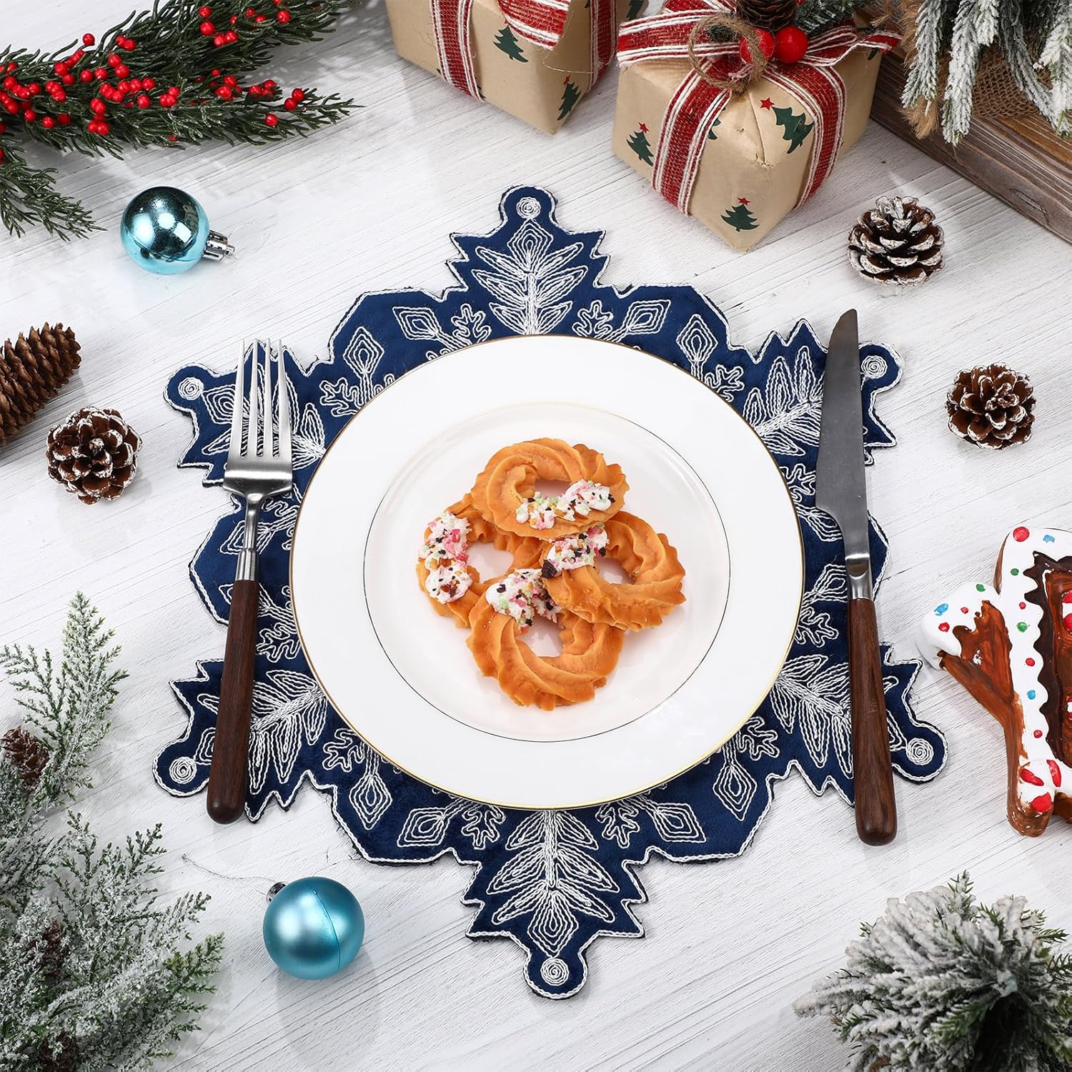 HunnmingRe Christmas Snowflake Placemats Set of 6 Embroidered Snowflake Table Mats 14 Inch Velvet Blue Christmas Table Decorations Xmas Washable Placemats for Xmas Holiday Tabletop Home Dining Kitchen