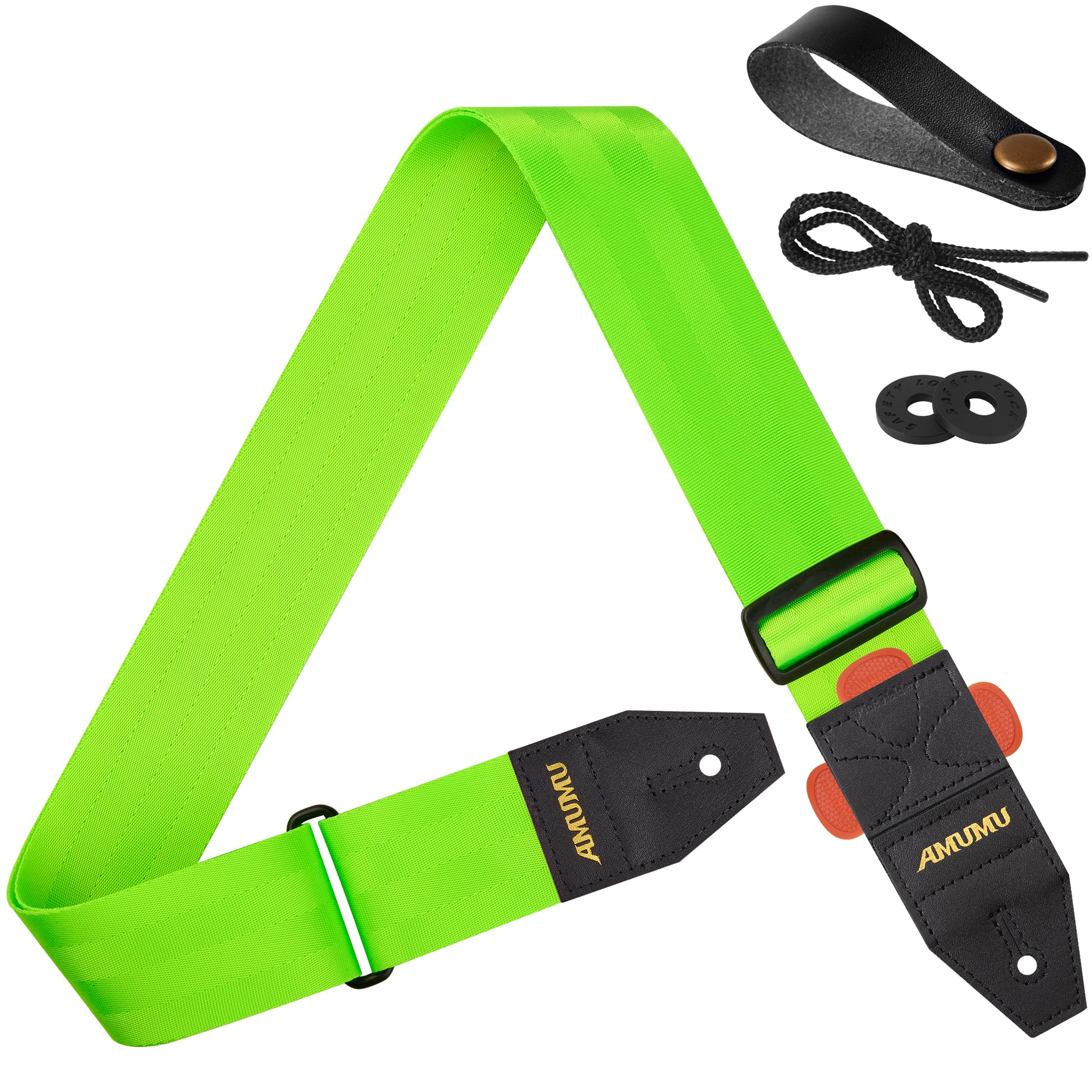 Amumu DURALINK Nylon Seatbelt Guitar Strap with Top Grain Leather Ends for Acoustic, Electric, Bass Guitar, with Quick-Fetch Pick Holder -Neo Green