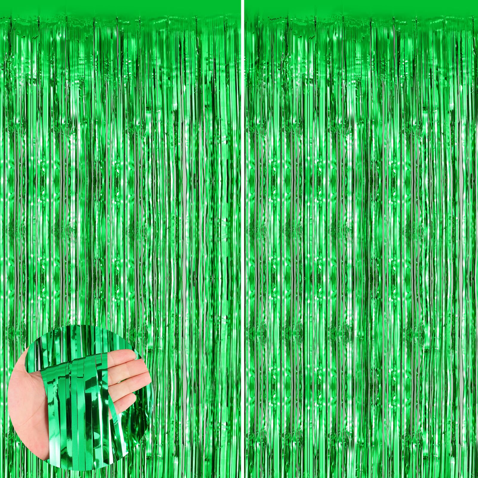 Green 2 Pack Metallic Tinsel Foil Fringe Curtains, 3.3x8.3 Feet Green Streamers for Party, Door Streamers Party Decorations, Party Streamers for Birthday Christmas Party Decorations