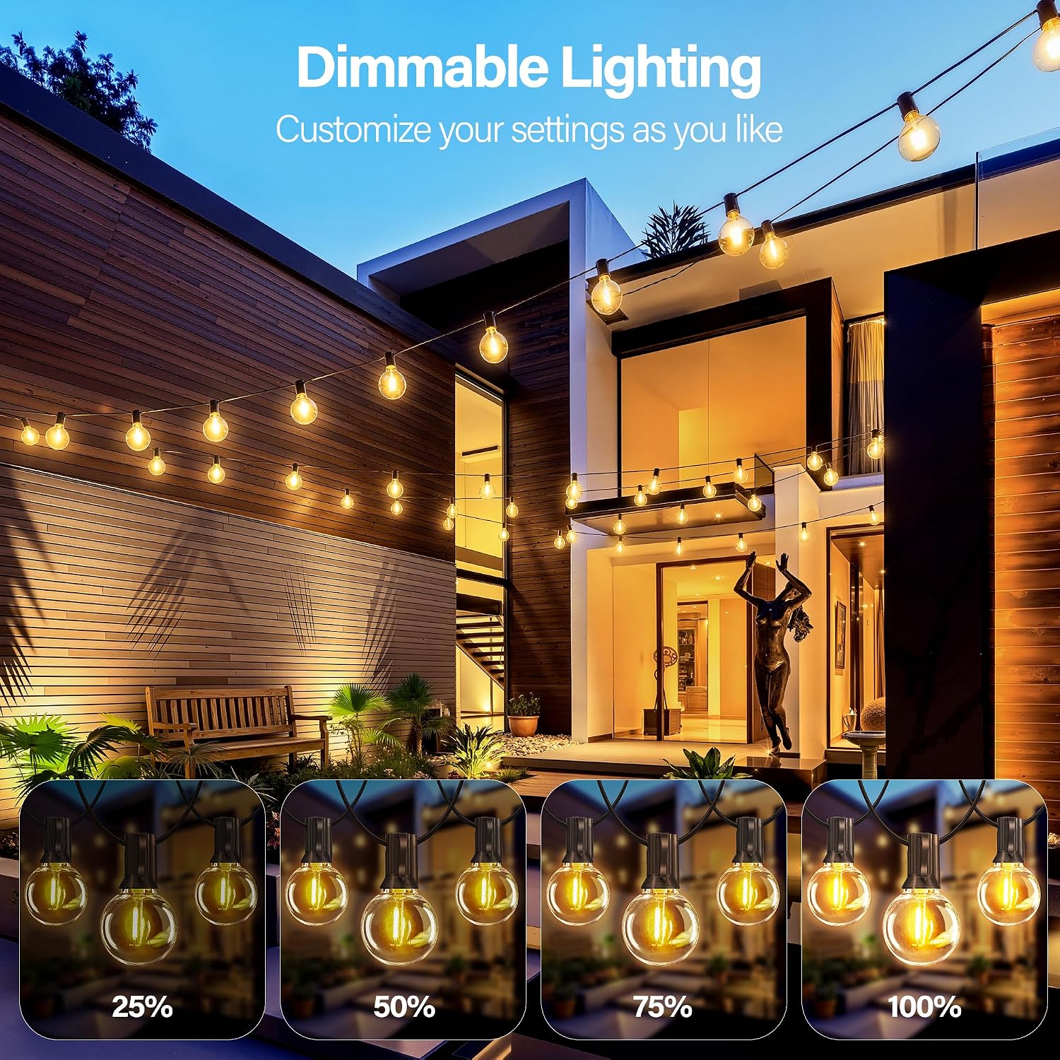 Condition photo showing New/Like New for 50ft outdoor string lights with remote, 25 + 2 spare g40 led bulbs plug in connectable dimmable patio lights, waterproof hanging lights for outside backyard balcony yard deck party 50ft(with dimmer)
