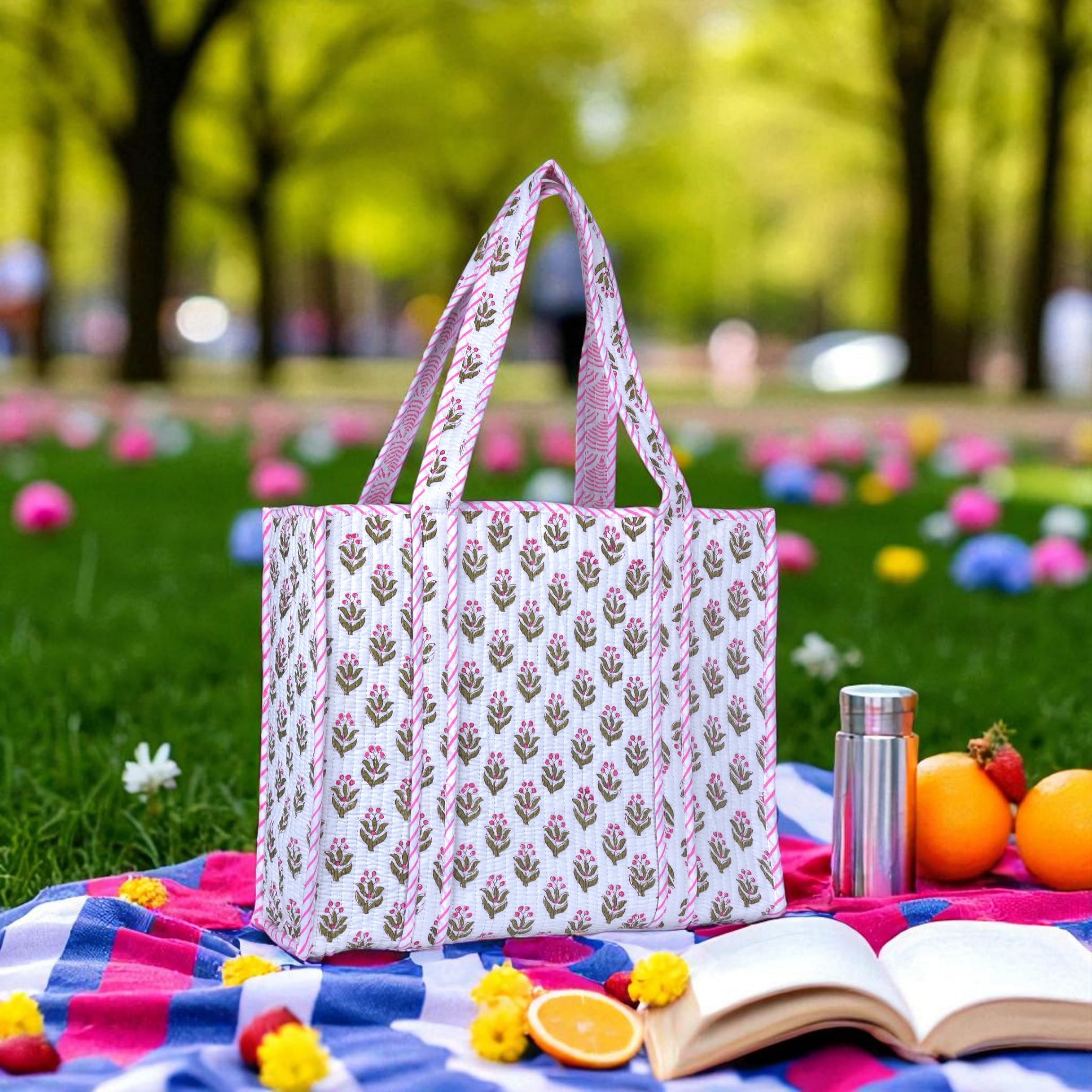 Tragetasche für Damen, Einkaufstasche, groß, gesteppt, Baumwolle, wiederverwendbare Strandtasche, Arbeitstasche für Damen, florale Reisetasche, stilvolle Schultertasche, übergroße gesteppte
