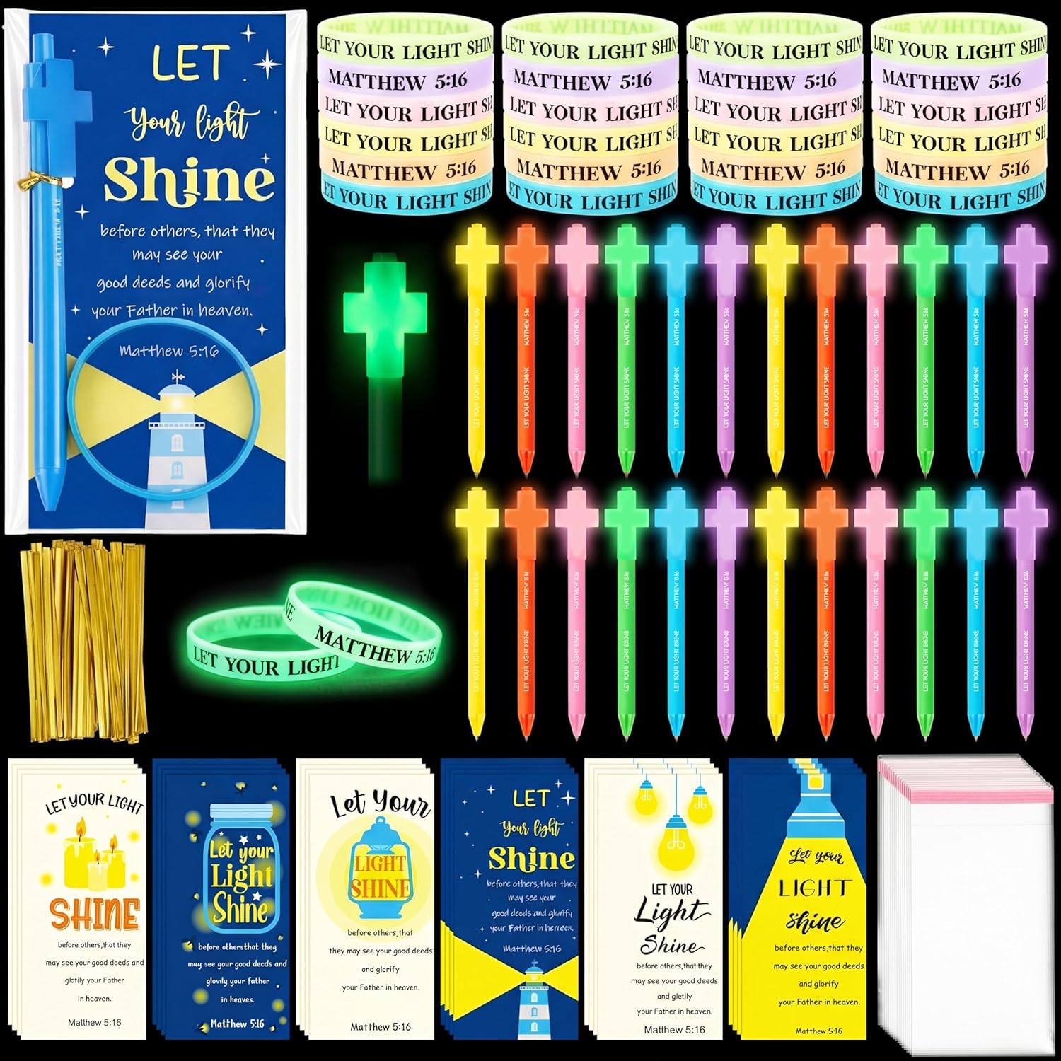 24 Set Christian Gifts Bulk for Church, Glow in The Dark Cross Pens Bible Verse Bracelets Bookmarks, Religious Favors for Adults VBS Sunday Easter Baptism, Let Your Light Shine Matthew 5:16