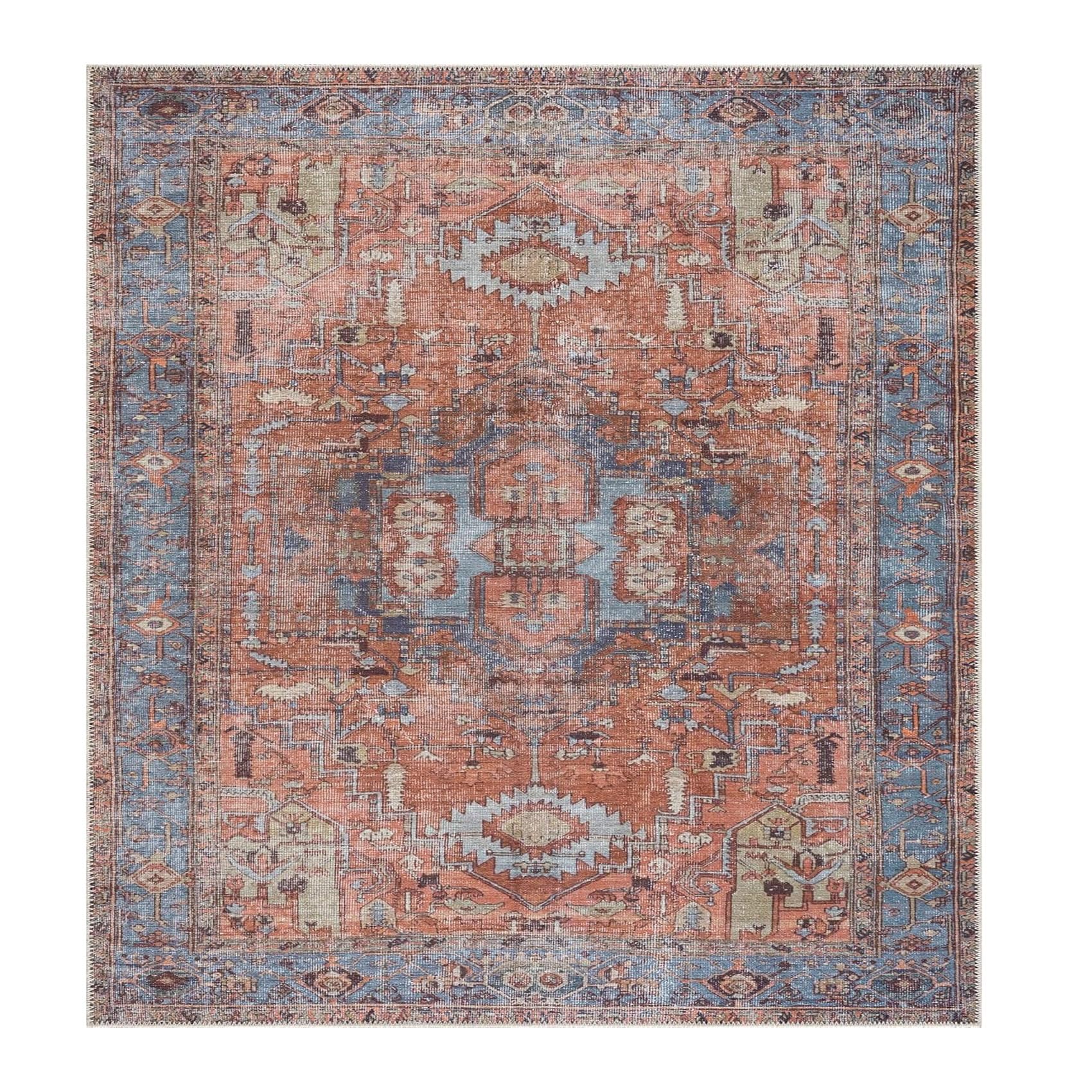 Teppich Quadratisch,Traditionelles Retro-Design, Orange/Blau, Terrakotta, 120 x 120 cm,Waschbar Teppiche für Wohn- Schlafzimmer Beistelltisch Küche Deko