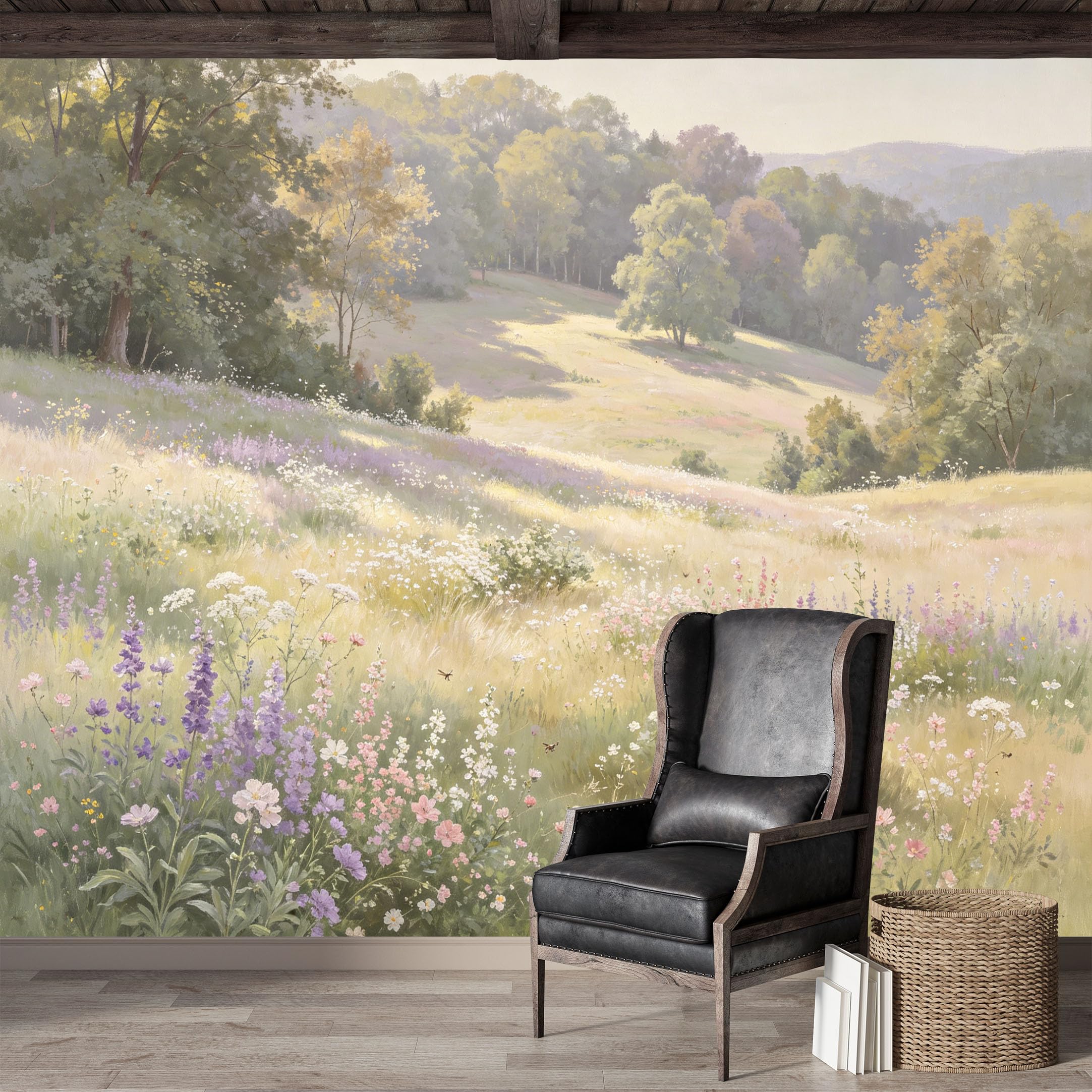 Custom Size Wall Mural,Pastoral Meadow Wildflowers Landscape Oil Painting Premium Water Activated SelfAdhesive Wallpaper,Removable Wall Covering for Indoor Home Decor