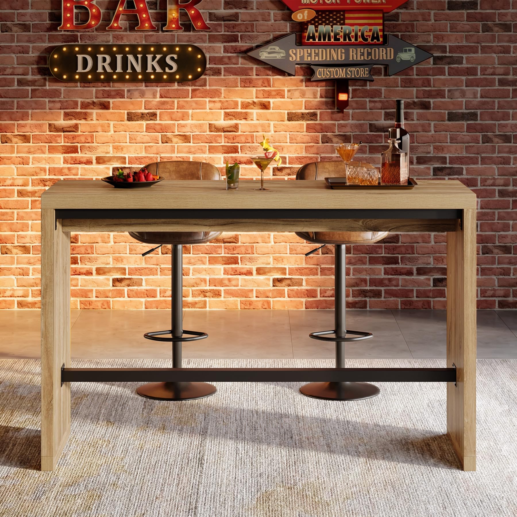 Tribesigns Bartisch, 140 cm Thekenhöhe, Kneipentisch mit Metall-Fußstütze, Rechteckig, Hohe Theke, Esszimmermöbel für Zuhause, Bar, Küche, Esszimmer, Bistro, Wohnzimmer, Rustikales Braun