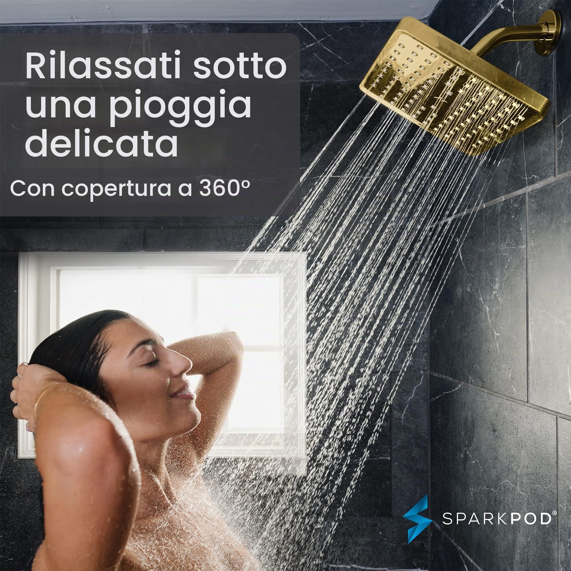 SparkPod Soffione doccia fisso, pioggia ad alta pressione, look moderno di lusso, facile installazione senza attrezzi, ricambio perfetto per il soffione doccia del tuo bagno (quadrato 20 cm, oro