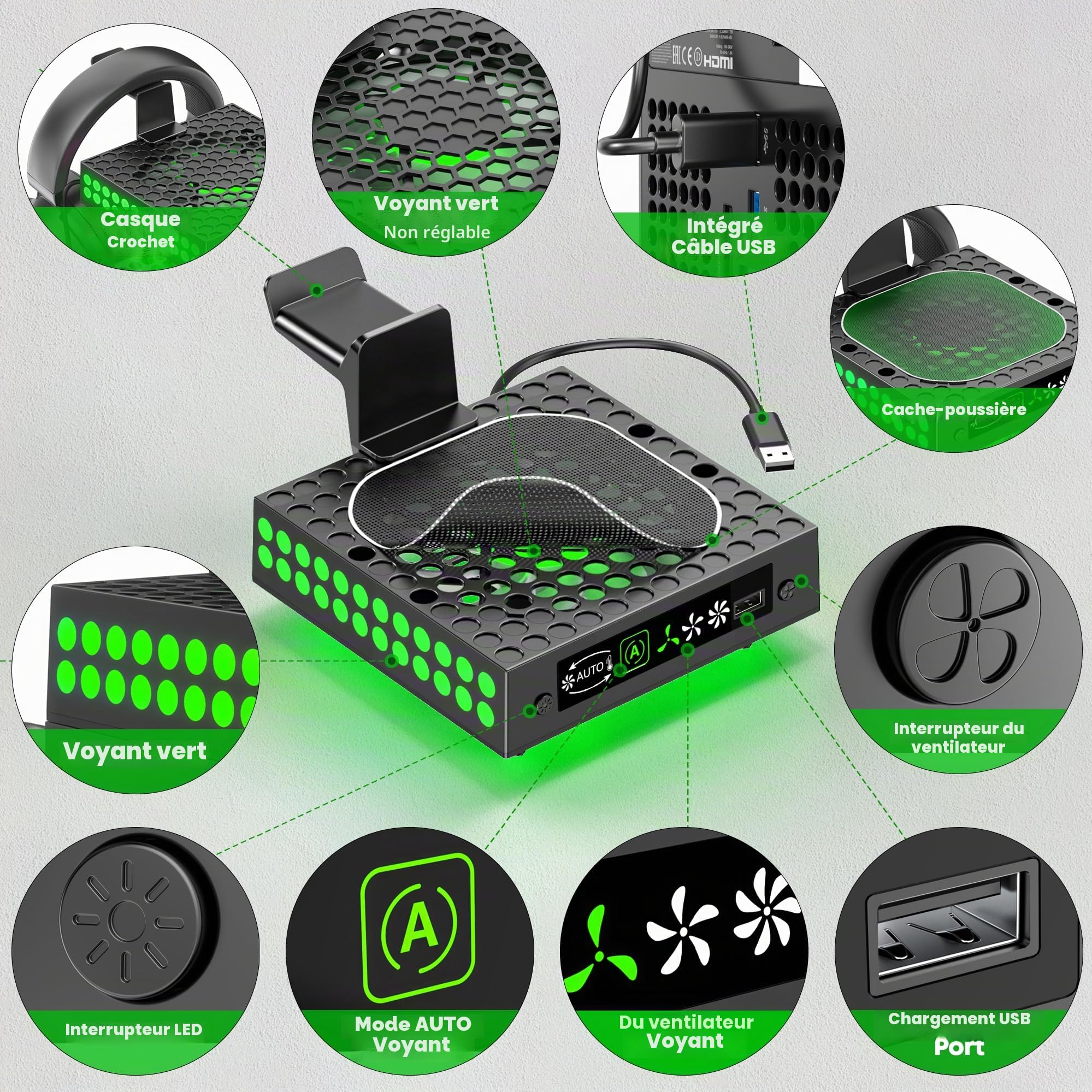 Support de Refroidissement Xbox Series X avec Ventilateur Automatique, Ventilateur Xbox Series X avec Lumières LED & 5 Systèmes de Refroidissement Réglables