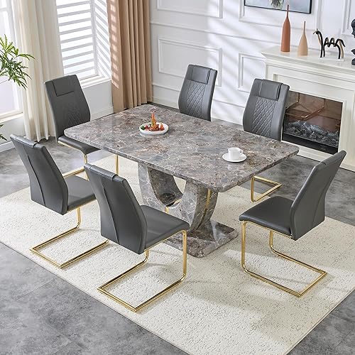Miniatura 44 de JUFU Juego de mesa de comedor moderno para 6, juego de mesa de cocina de 63 pulgadas con mesa de mármol sintético y 4 sillas tapizadas de piel