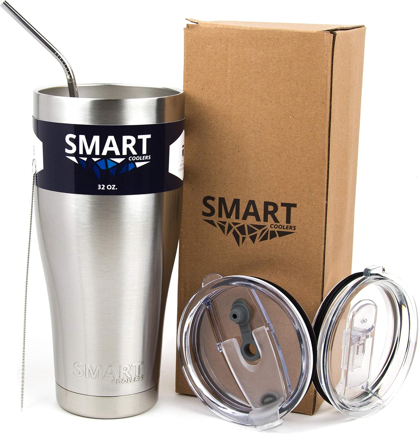 Smart Cooler 32 Oz. Sweat Free Ultra-Tough Double Wall Stainless Steel Tumbler Cup with Leak-proof Heavy Duty Tumbler Lids (Slide Lid & Flip Lid), Straw, & Cleaning Brush - Stainless Steel