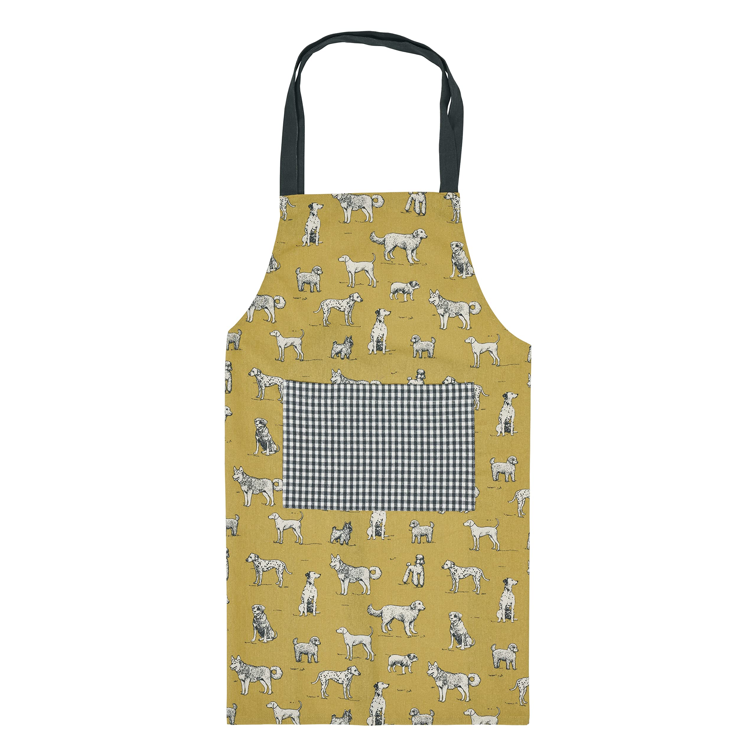 Penguin Home Apron,Chef Quality, Thokka Print,Colour - Mustard,Grey & Black,Plain woven contrast color pocket,Recycled cotton, Eco Friendly & Sustainable, Adjustable Neck Strap, Size - 70x80 cm