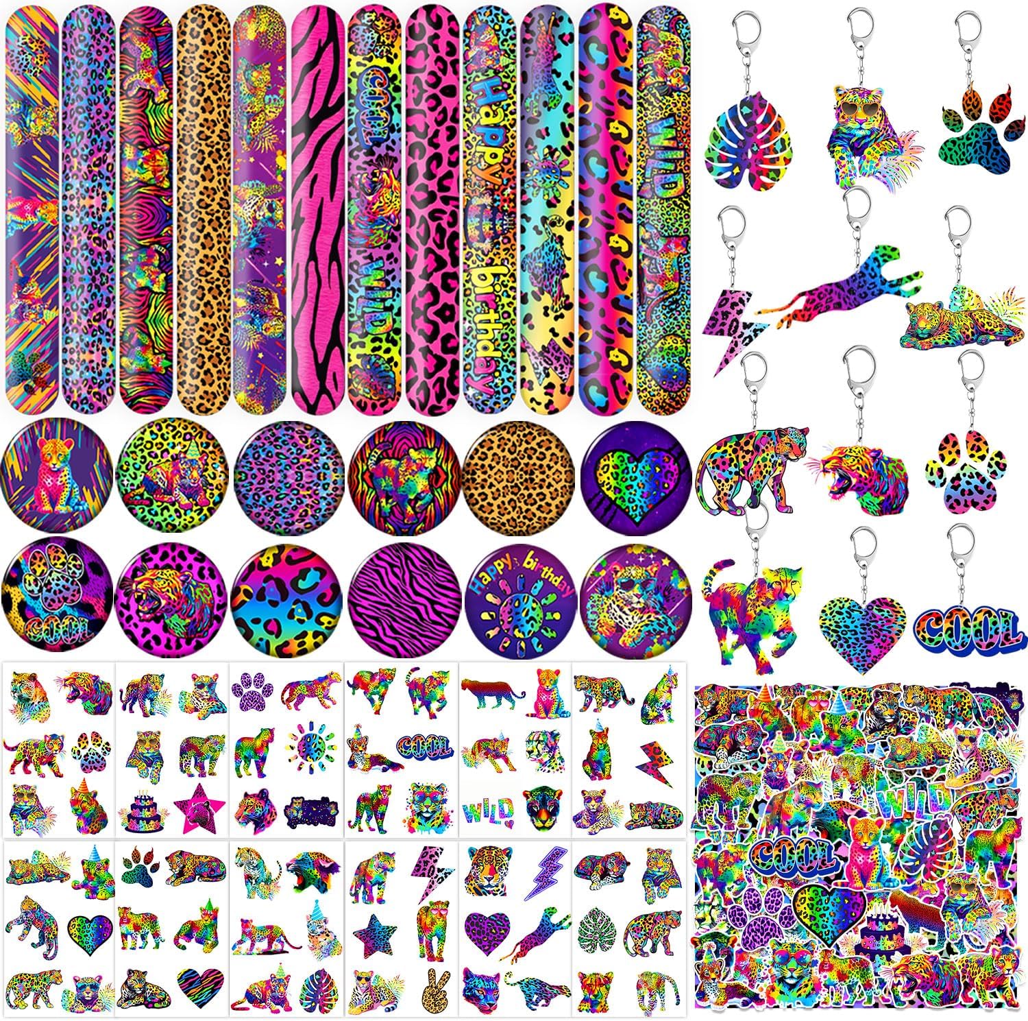 168 Pieces Neon Cheetah Party Favors Include Rainbow Cheetah Slap Bracelets Leopard Print Stickers Jungle Safari Animal Theme Notebook, Tattoos, Buttons Pins, Keychains