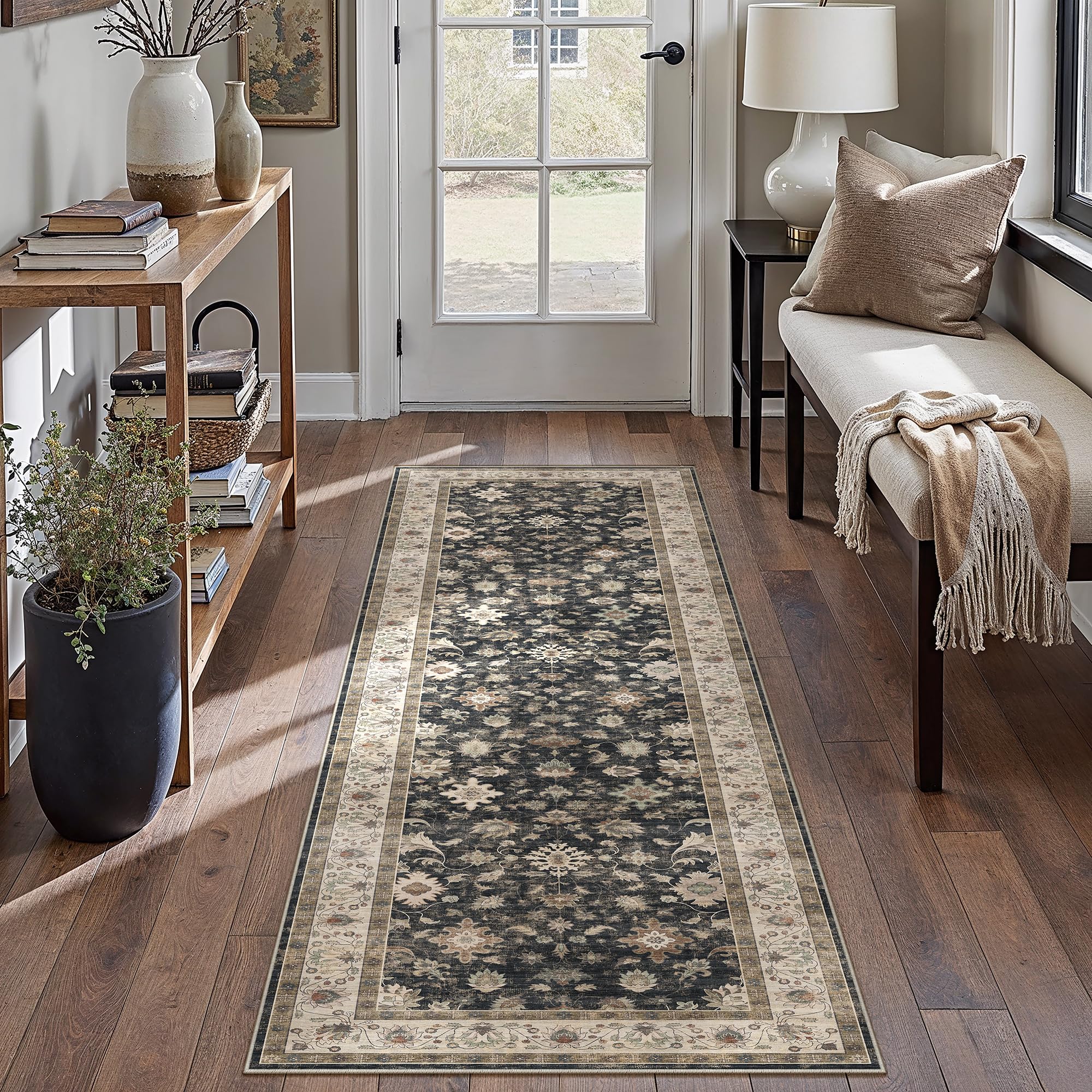 hugear 2x8 runner rug hallway vintage black machine washable retro floral low pile carpet vacuumable distressed long throw rug bedroom office bathroom kitchen farmhouse playroom non slip