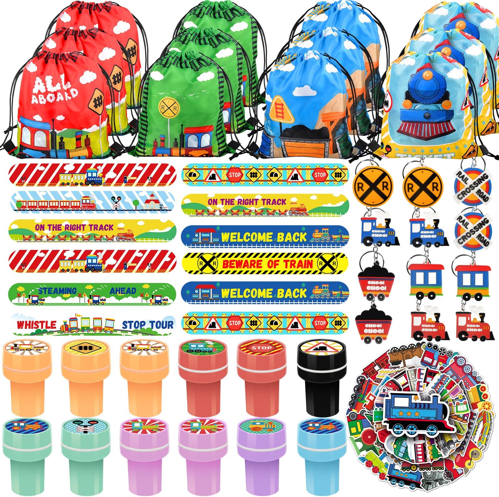 TOQI 98 Pcs Train Party Favors,Train Print Party Supplies Include Stickers Stamps Keychains Slap Bracelets and Drawstring Bags Party Decorations for Kids TrainTheme Birthday supplies (A-Train)