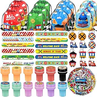 98 Pcs Train Party Favors,Train Print Party Supplies Include Stickers Stamps Keychains Slap Bracelets and Drawstring Bags Party Decorations for Kids TrainTheme Birthday supplies (A-Train)
