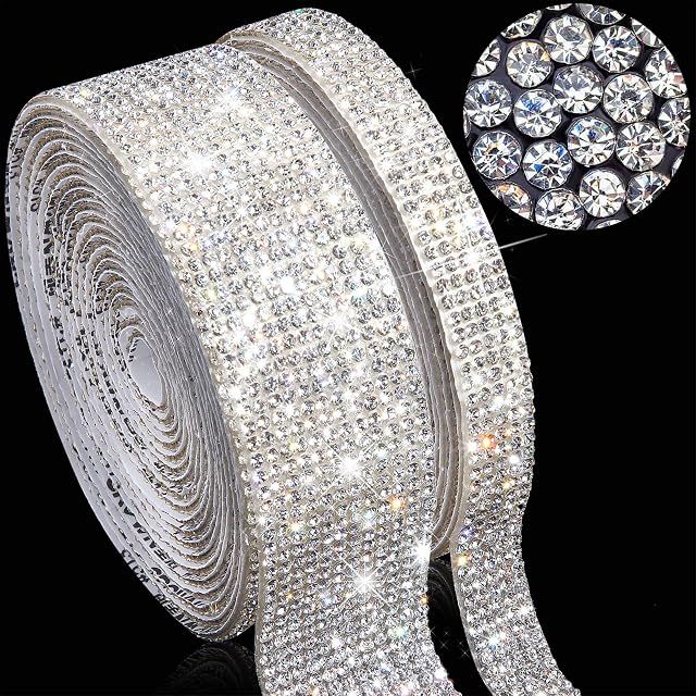 2 Rolls 6 Yards Bling Crystal Self Adhesive Rhinestone Sheets DIY Decoration Diamond Sticker Diamond Ribbon with 2 mm Rhinestones for Car Home DIY Crafts Decors, 1 cm, 2.5 cm Wide (Clear)