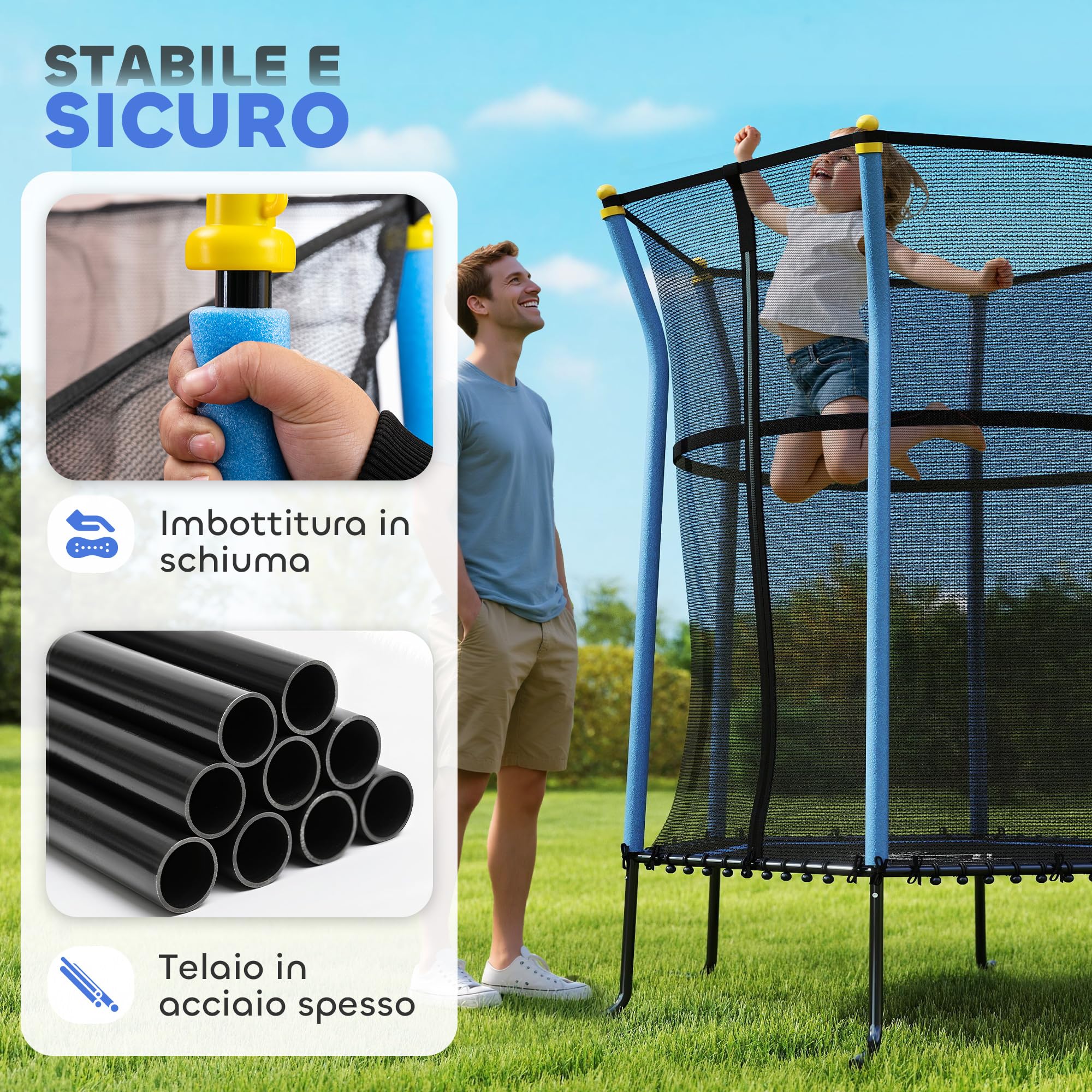HOMCOM Trampolino Elastico per Bambini 3-10 Anni con Ingresso a Cerniera e Pali Imbottiti, Tappeto Elastico in Acciaio, PP e EPE, Ø163.5x163.5/190 cm