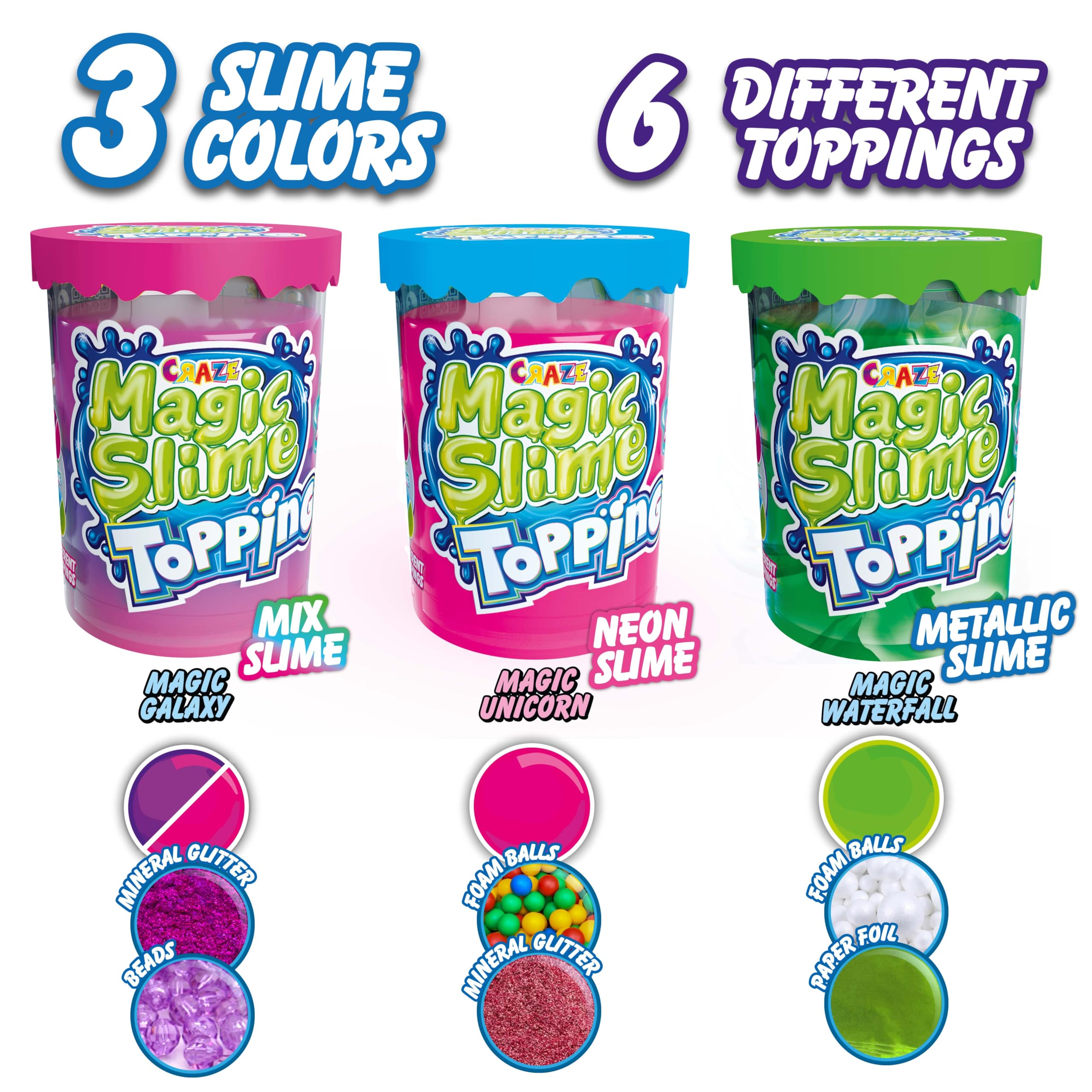CRAZE Magic Slime Topping Magic zestaw 3 szt. dla dzieci w puszce 3 x 70 ml z brokatem i różnymi dodatkami – zestaw Slime bezpieczny i nie pozostawia śladów, neonowy zielony, turkusowy, fioletowy