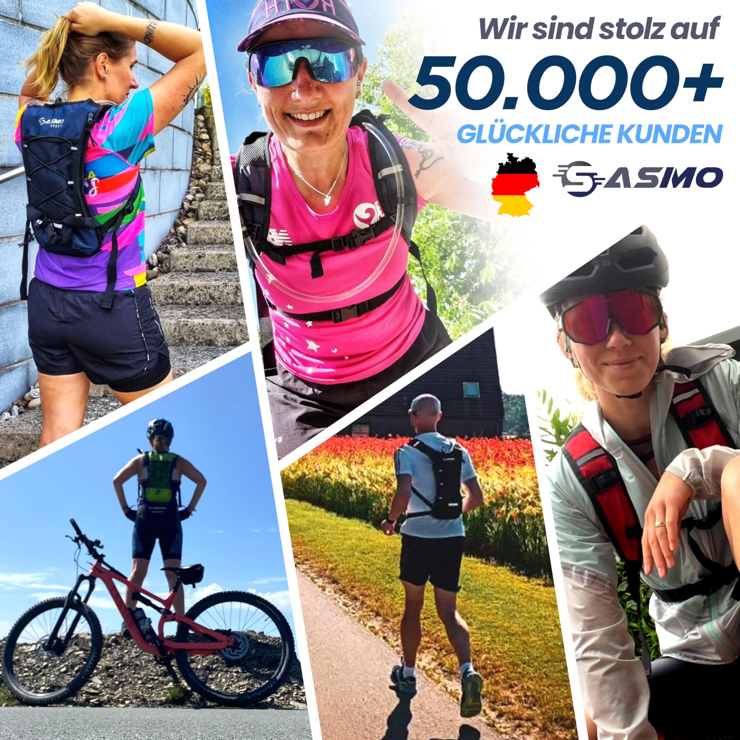 SASMO Sports® Bolla d'acqua da 3 l, senza BPA, con 2 aperture, per zaino da corsa, trekking, ciclismo e campeggio, con clip magnetica