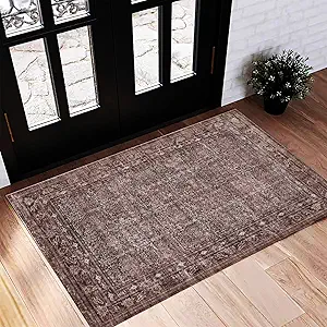 Washable Area Rug 2'x3' Door Mat Vintage Distressed Doormat Indoor Entrance Traditional Thin Rug Floral Print Non Slip Carpet for Kitchen Bathroom Bedroom Living Room