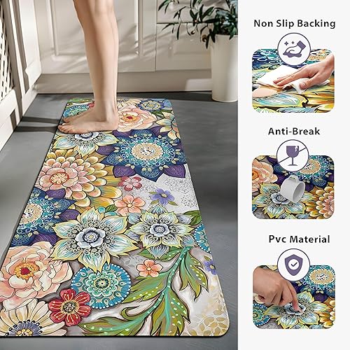 Miniatura 8 de Alfombras de cocina bohemias florales para suelo, 2 piezas de espuma viscoelástica, acolchadas, antifatiga, antideslizantes, acolchadas, cómodas