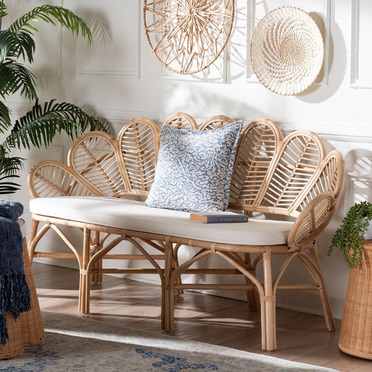 Bali & pari Eliava Natural Rattan Accent Bench with Removable Cushion – Coastal Boho Style Loveseat with Scalloped Fan Back Design for Indoor Living Room or Sunroom Seating, Fully Assembled