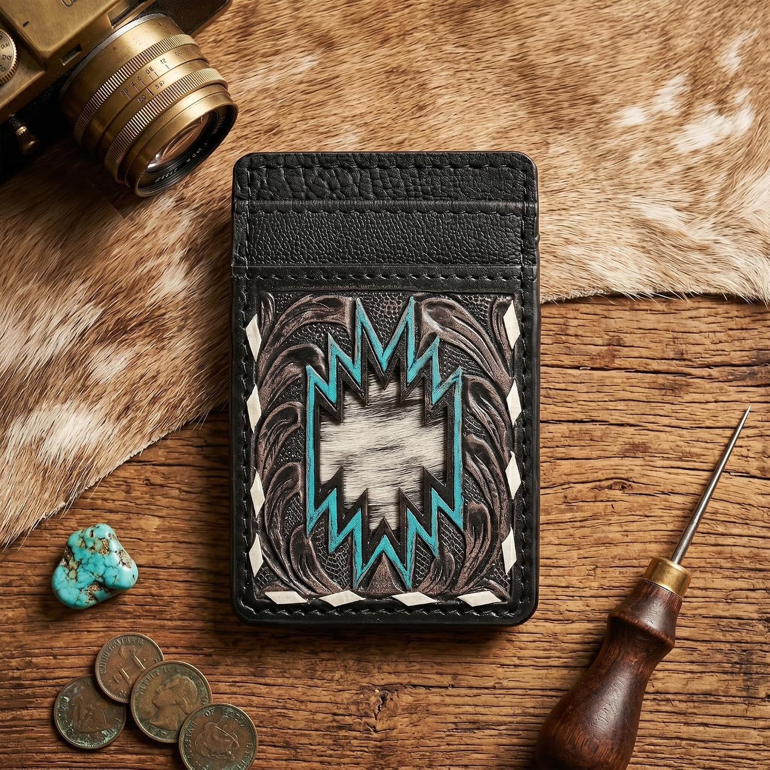 Merbaa Handmade Genuine Leather Card Holder Wallet for Men, Western Aztec Star Design, Slim Front Pocket Card Case, RFID Blocking Minimalist Wallet, Black