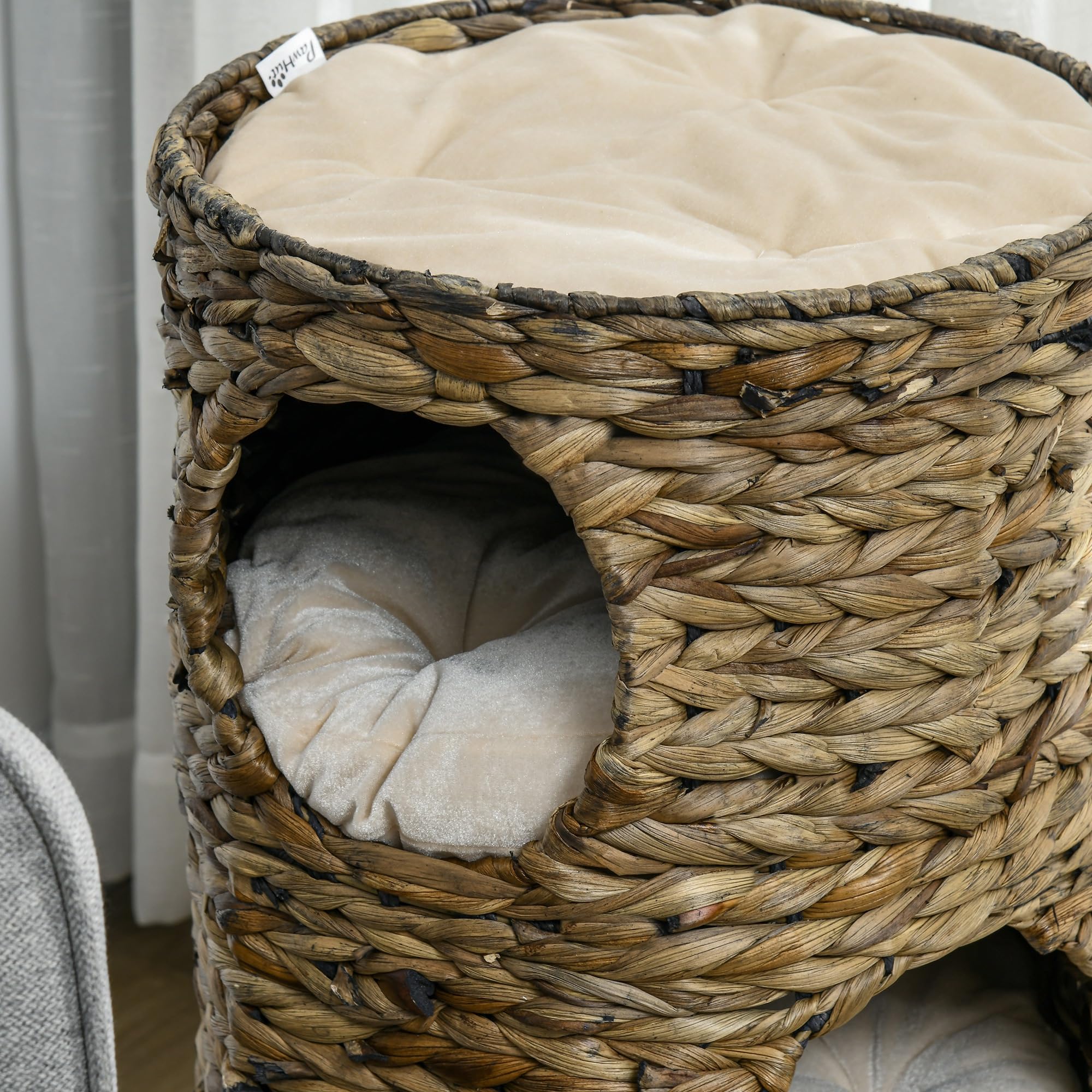 PawHut Barril rascador de 73 cm de Alto con 3 Cuevas, cojín, rascador con Cama para Gatos, Torre de Jacinto de Agua, Color marrón Oscuro
