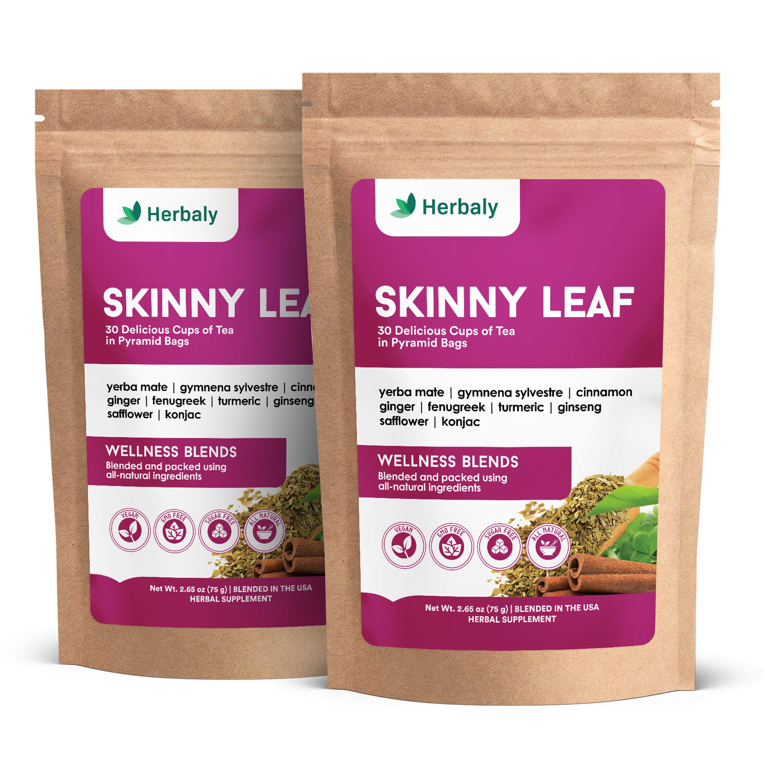 Herbaly Wellness CollectionHerbaly Skinny Leaf Functional Tea - 9 Active Herbs - Manage Weight, Reduce Sugar Cravings, Improve Digestion - 2 Packs, 60 Pyramid Tea Bags