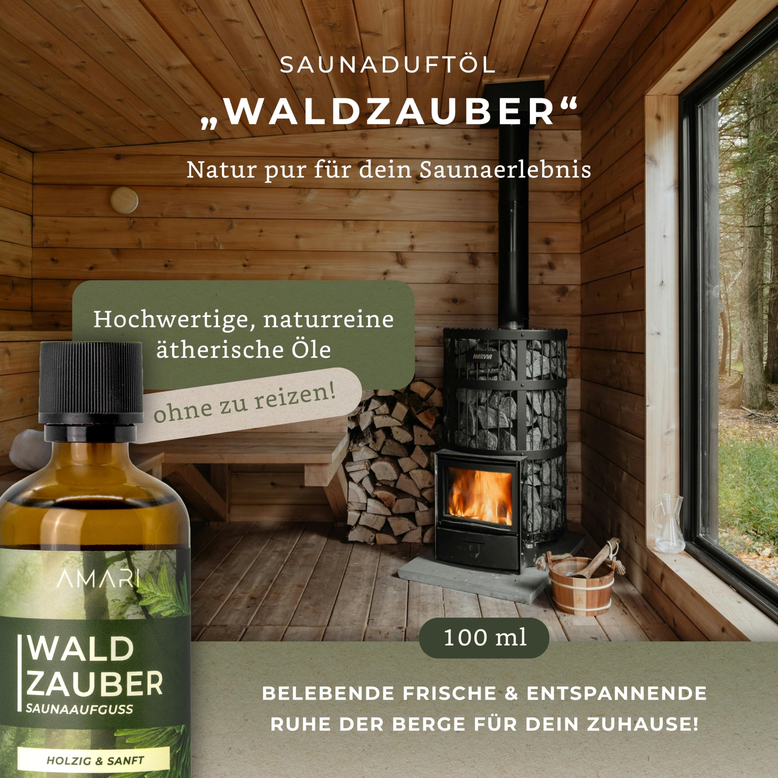 Amari ® Saunaaufguss Waldzauber – natürlicher Saunaduft mit Bio-Ethanol – Naturreine Ätherische Öle – Aufgussmittel, Sauna, Saunaöl, Duftöl