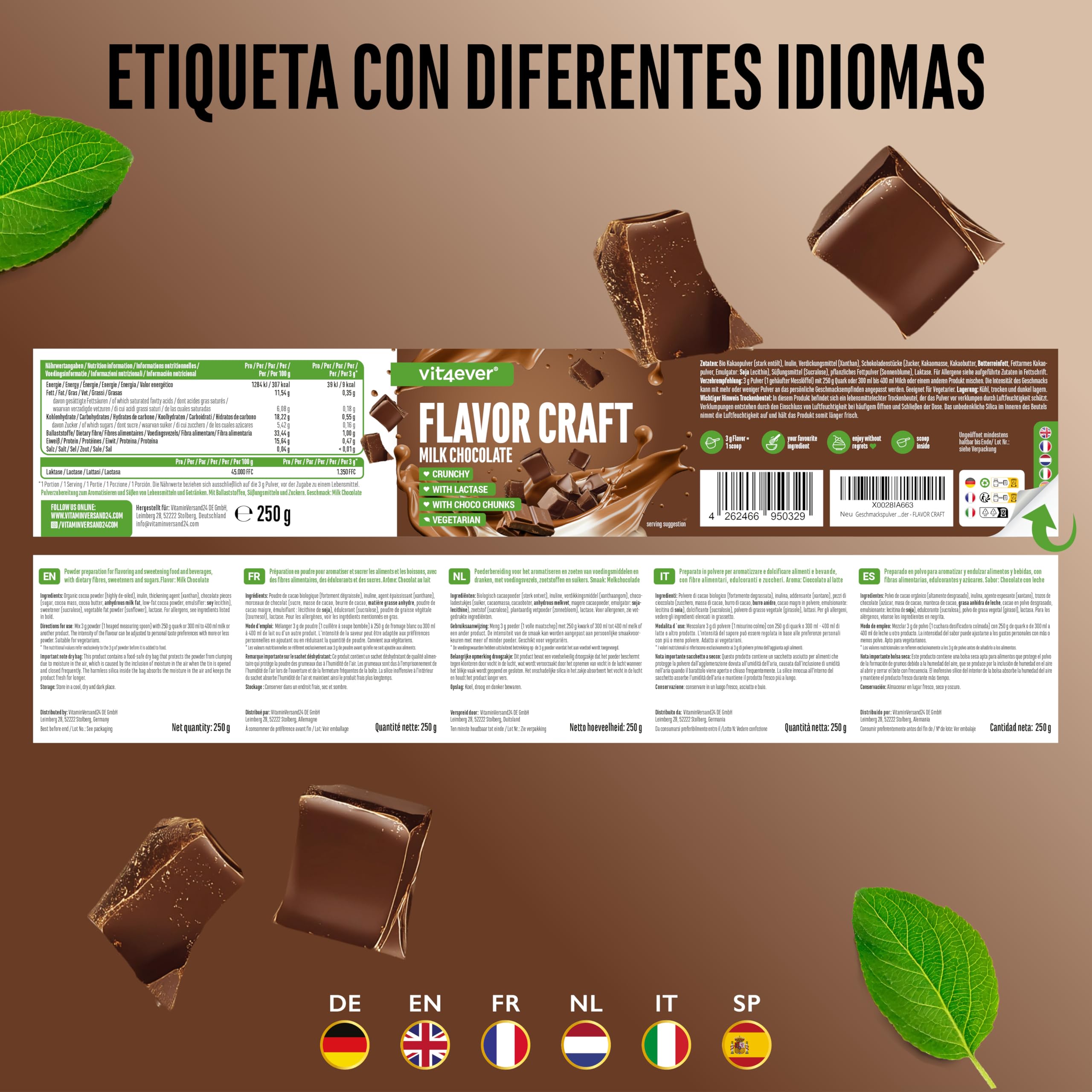 Polvo aromatizante Chocolate con leche - 250 g - Sabor y dulzor deliciosos - Uso versátil para alimentos y bebidas - Polvo aromatizante - FLAVOR CRAFT
