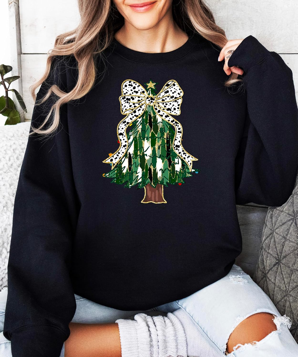 Olive Loves Apple Christmas Tree with Dalmatian Bow and Gold Star Topper Sweatshirt for Women Teens and Kids
