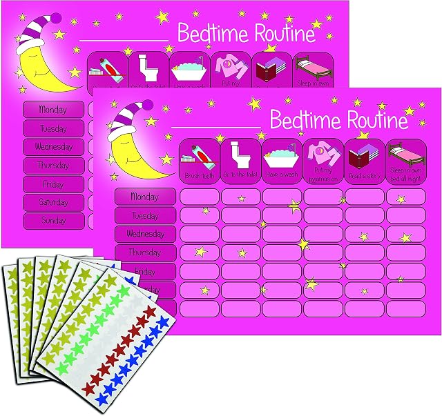 kids2learn Children's Bedtime Routine Chart Reward Chart for Sleep Training Twin Pack (2 x PINK) for boys girls toddlers With 270 Star Reward Stickers Included
