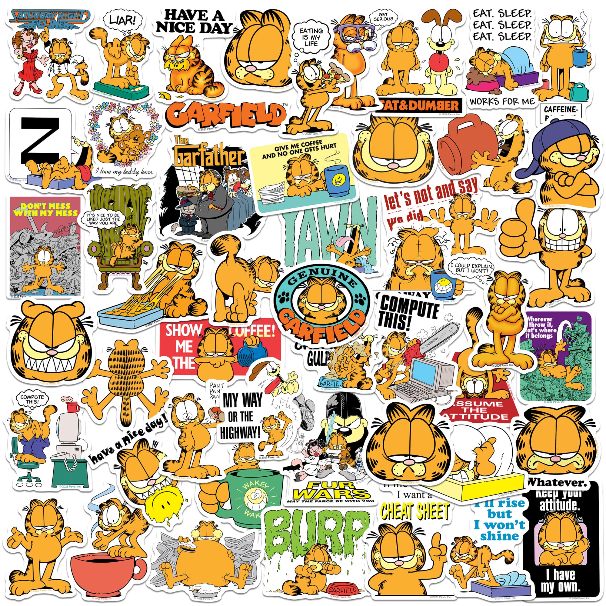 Garfield Cattitude Classics Vinyl-Aufkleber, 50 Stück, groß, Deluxe-Aufkleber, Sortimentspackung – Laptop, Wasserflasche, Scrapbooking, Tablet, Skateboard, Indoor/Outdoor