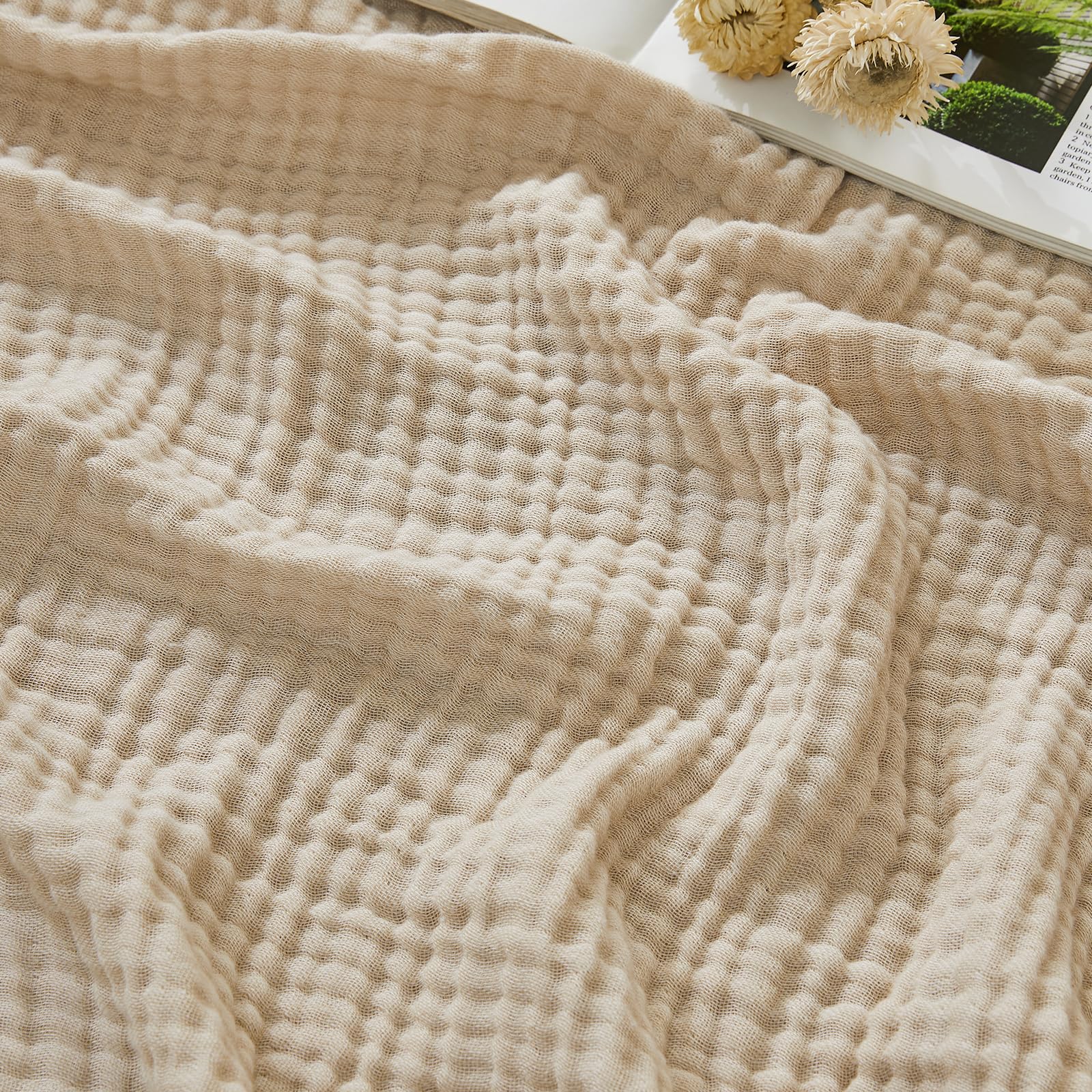 emme cotton muslin king blanket breathable gauze soft lightweight blankets adults gifts for women (heather beige, 108"x90")